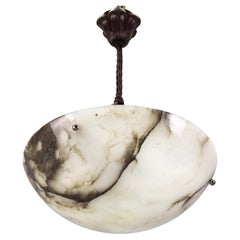 French White and Black Alabaster Three-Light Pendant Light Fixture, 1920s