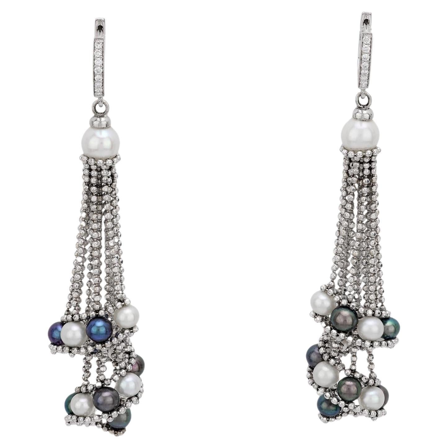 French white and black pearl diamond 18k white gold earrings