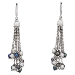 French white and black pearl diamond 18k white gold earrings