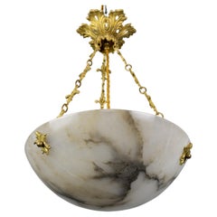 Antique French White and Black Veined Alabaster and Bronze Pendant Light, ca. 1920