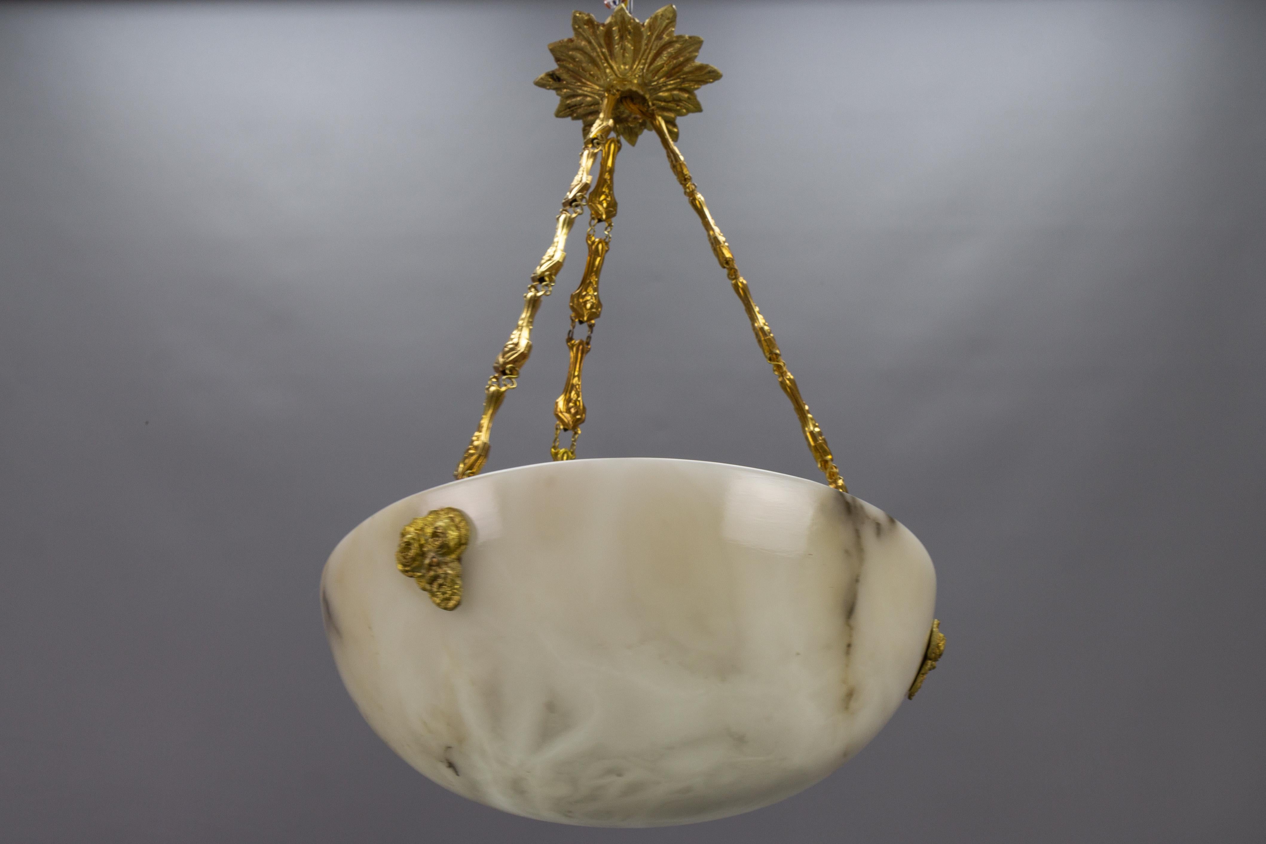 French White and Black Veined Alabaster Pendant Light Chandelier, ca. 1920 4