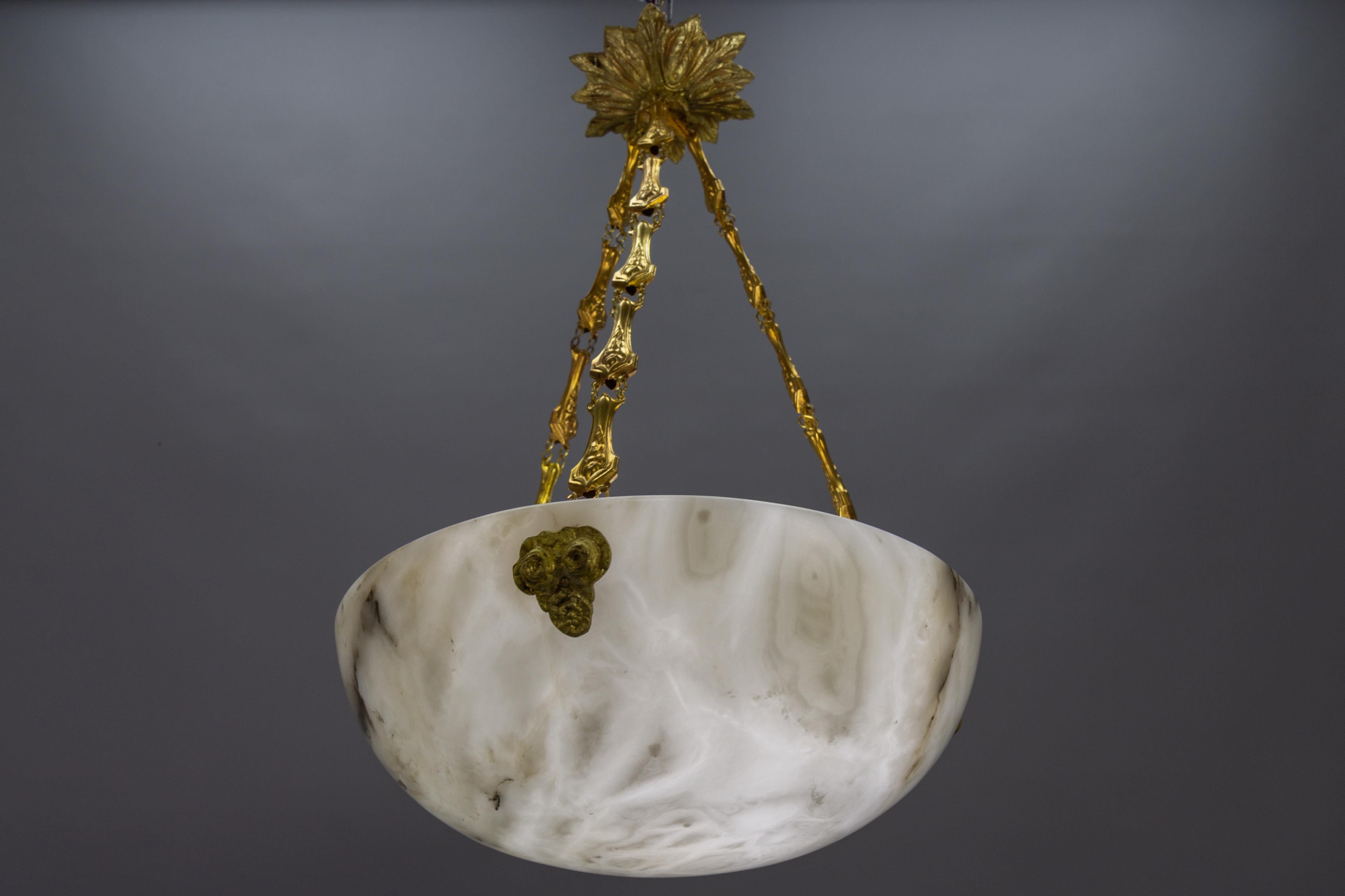 French White and Black Veined Alabaster Pendant Light Chandelier, ca. 1920 5