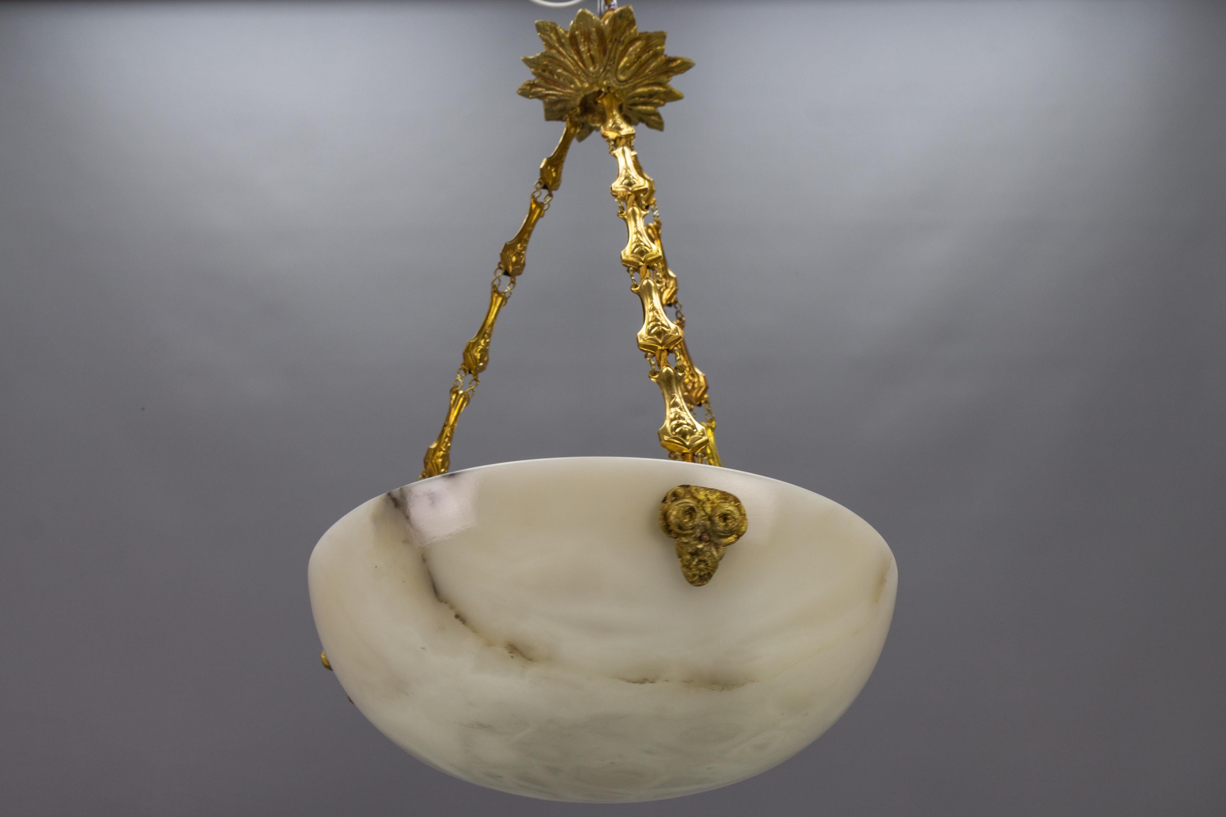 French White and Black Veined Alabaster Pendant Light Chandelier, ca. 1920 6