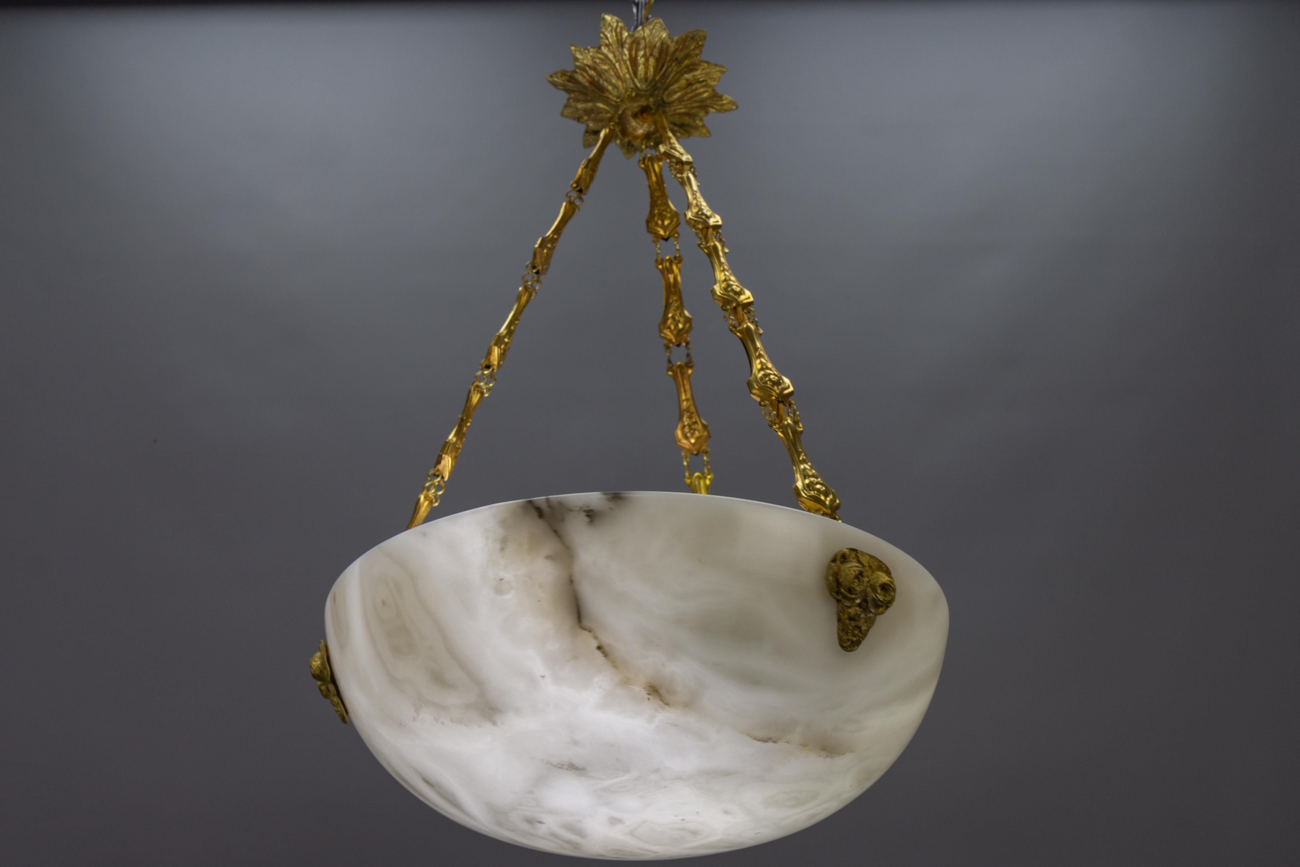 French White and Black Veined Alabaster Pendant Light Chandelier, ca. 1920 7
