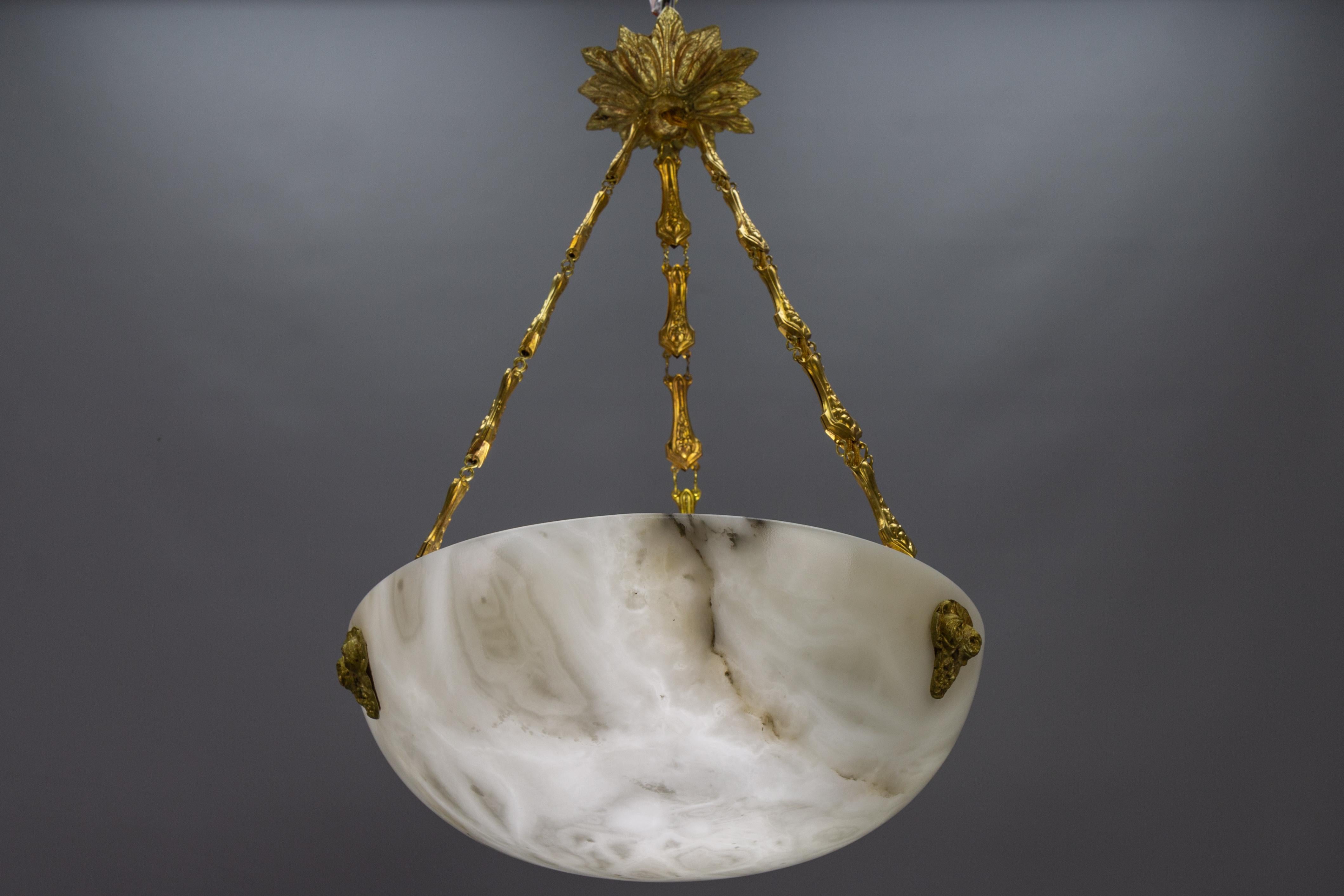 French White and Black Veined Alabaster Pendant Light Chandelier, ca. 1920 8