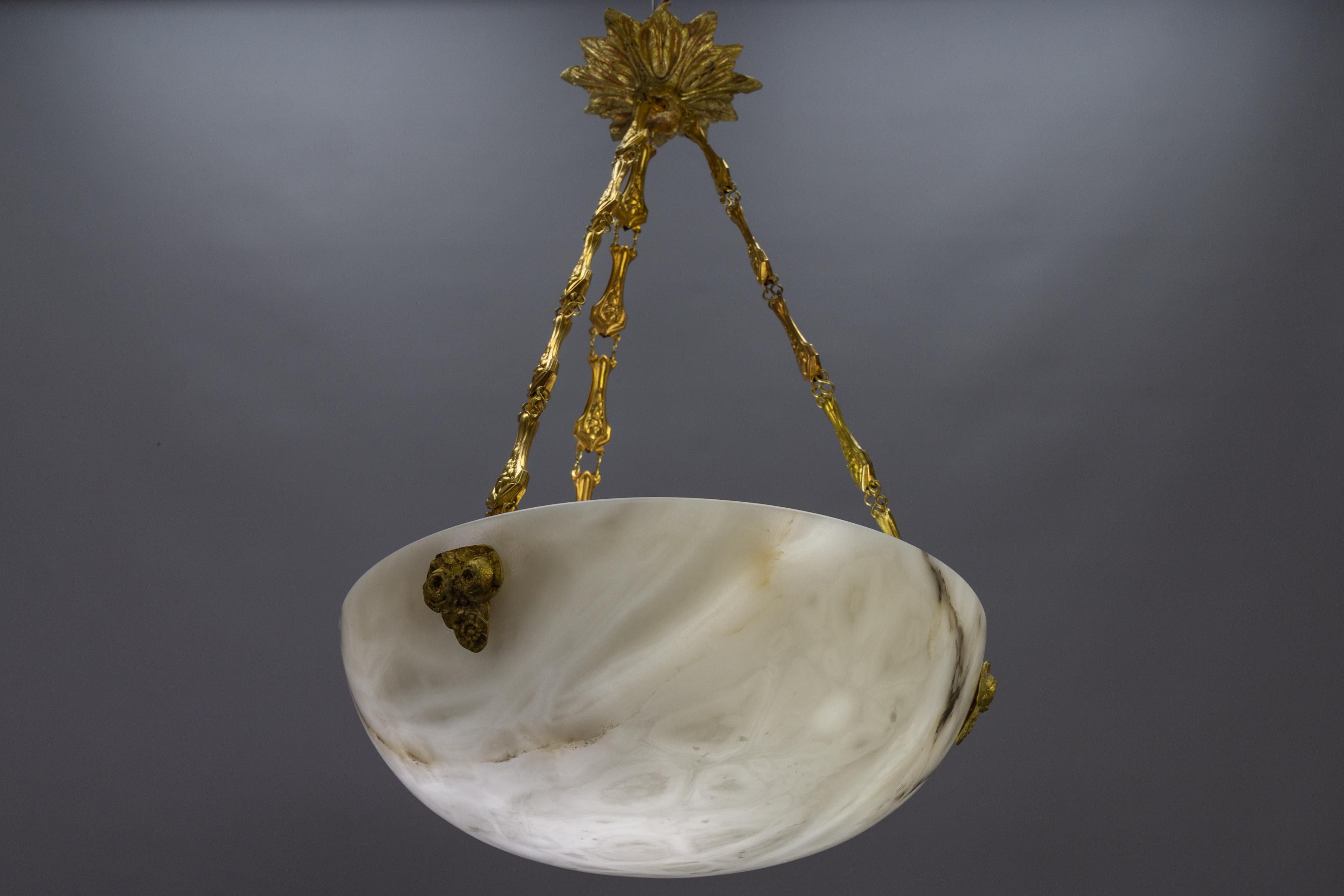 French White and Black Veined Alabaster Pendant Light Chandelier, ca. 1920 9