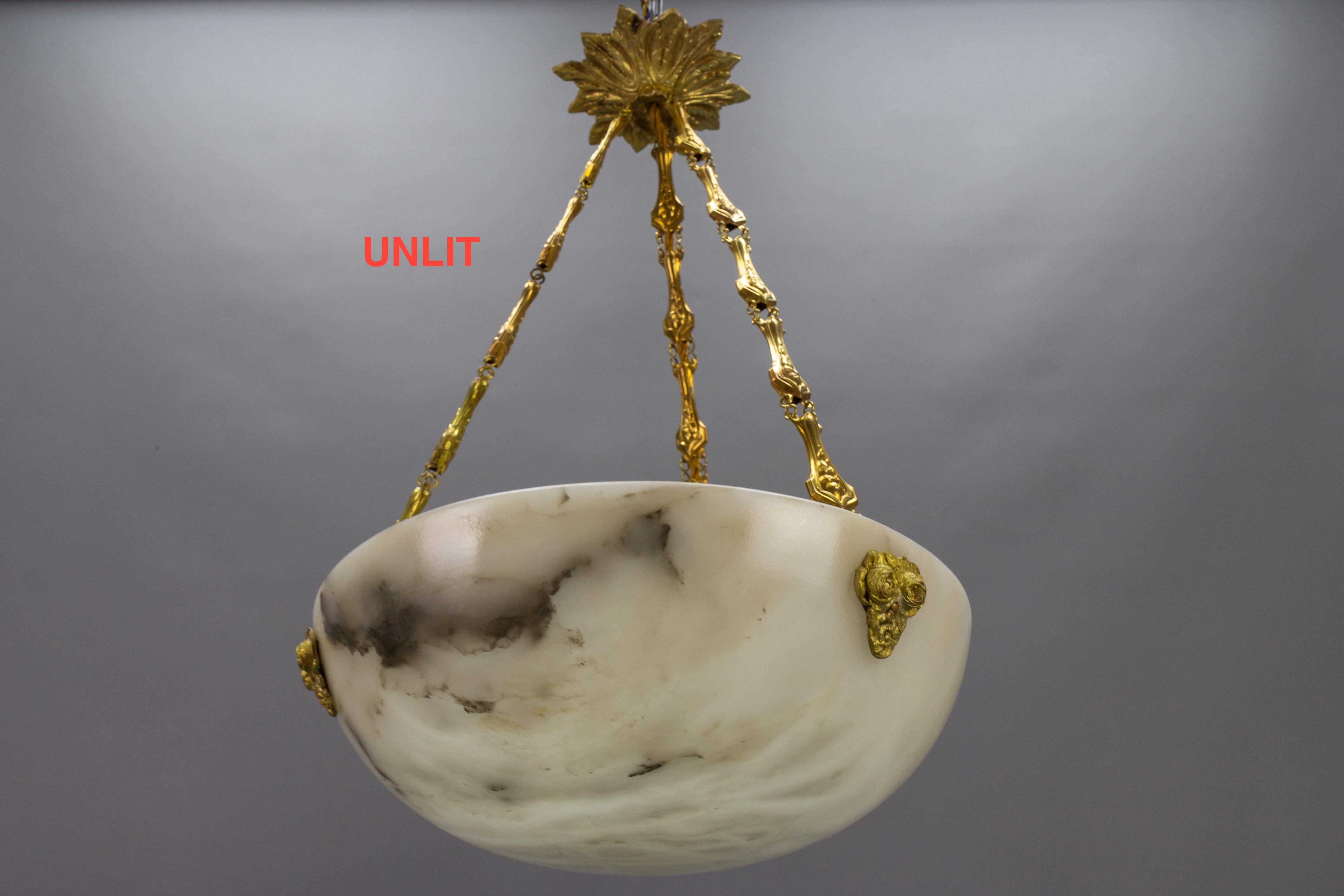 Art Nouveau French White and Black Veined Alabaster Pendant Light Chandelier, ca. 1920