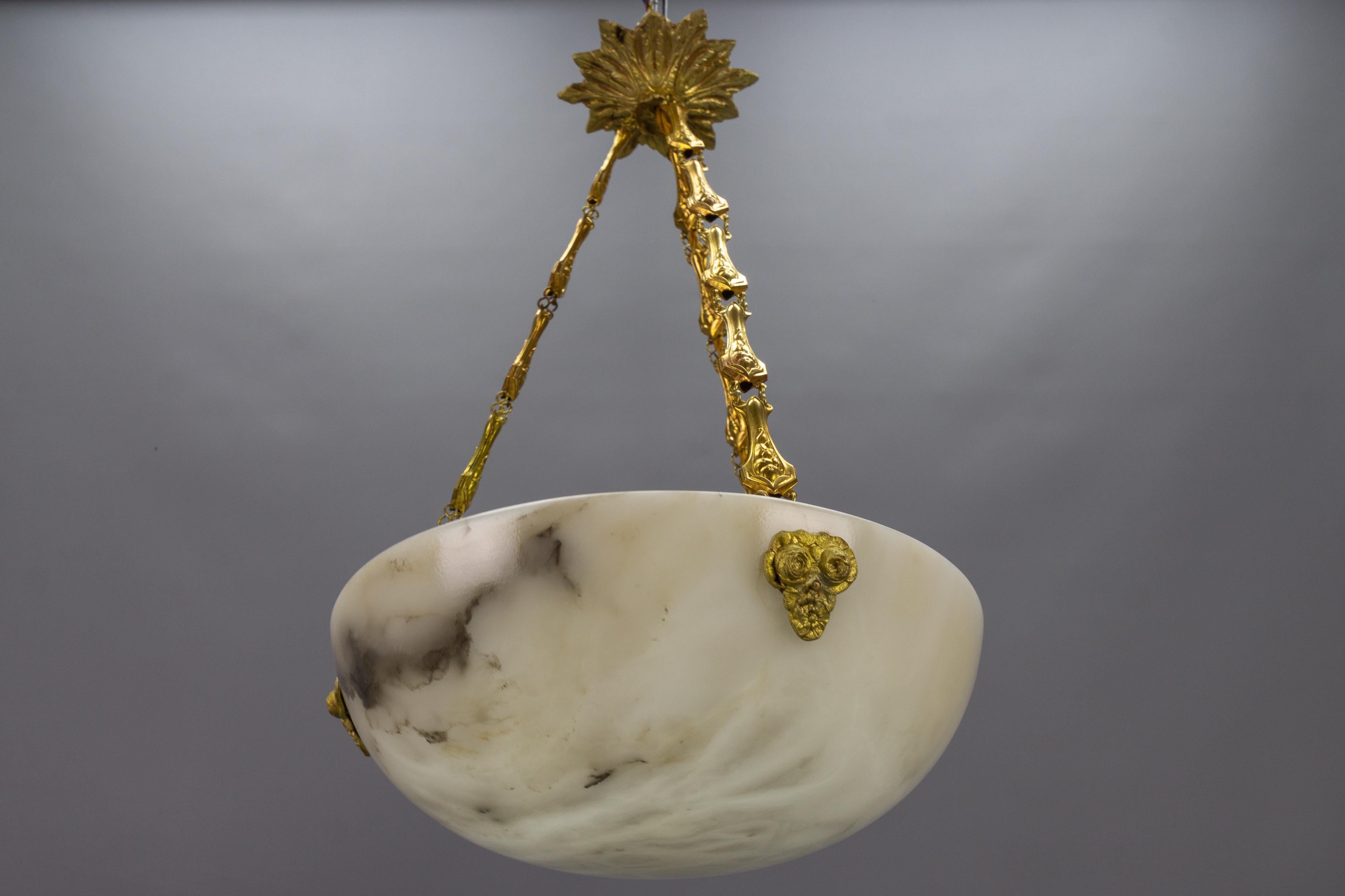 French White and Black Veined Alabaster Pendant Light Chandelier, ca. 1920 2