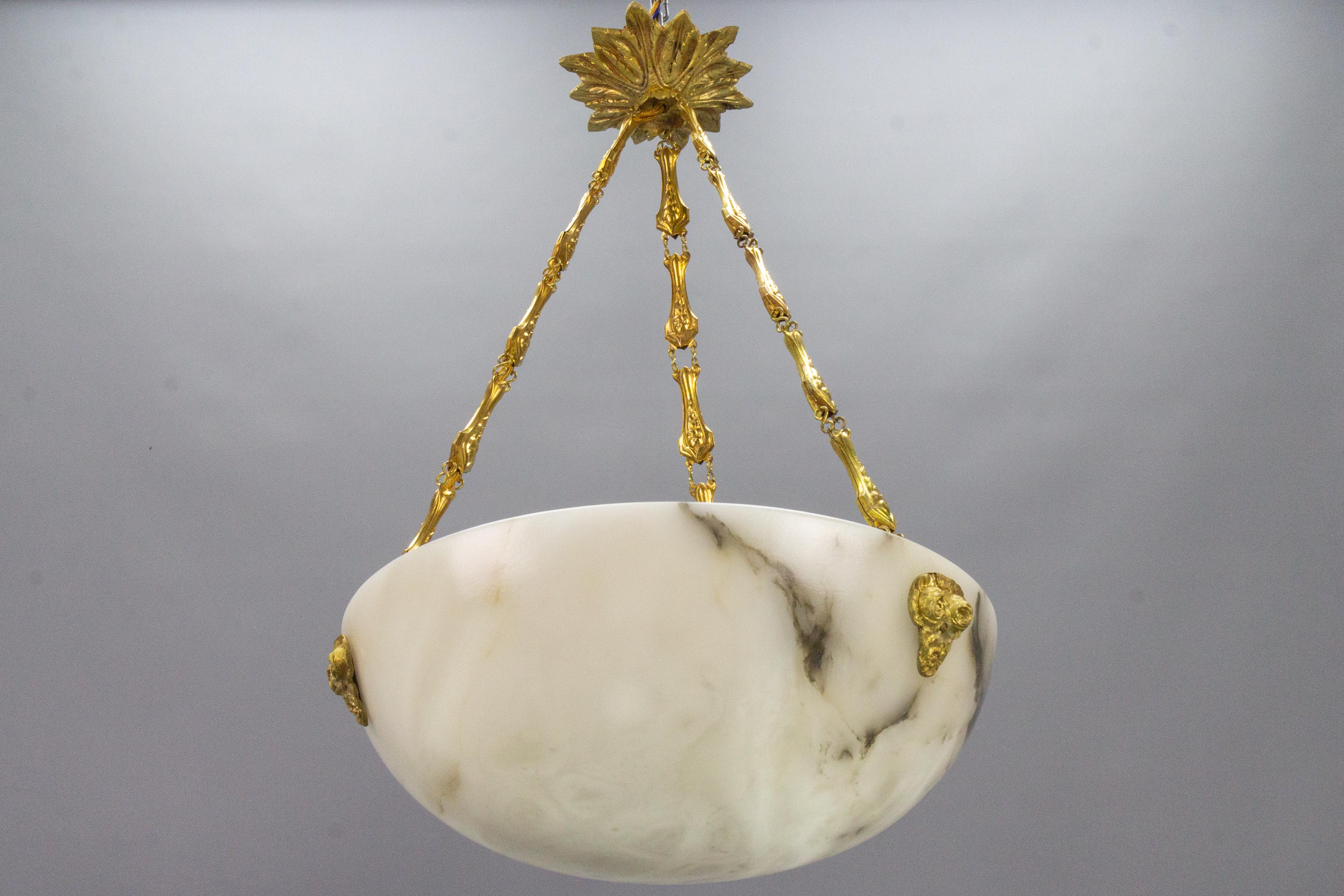 French White and Black Veined Alabaster Pendant Light Chandelier, ca. 1920 3