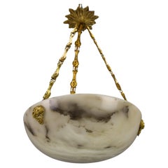 French White and Black Veined Alabaster Pendant Light Chandelier, ca. 1920