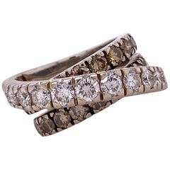 French White and Champagne Diamond Crossover 18 Karat White Gold Band Ring