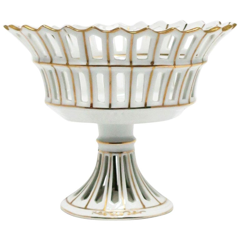 French White and Gold Pierced Porcelain Compote Basket Tazza For Sale