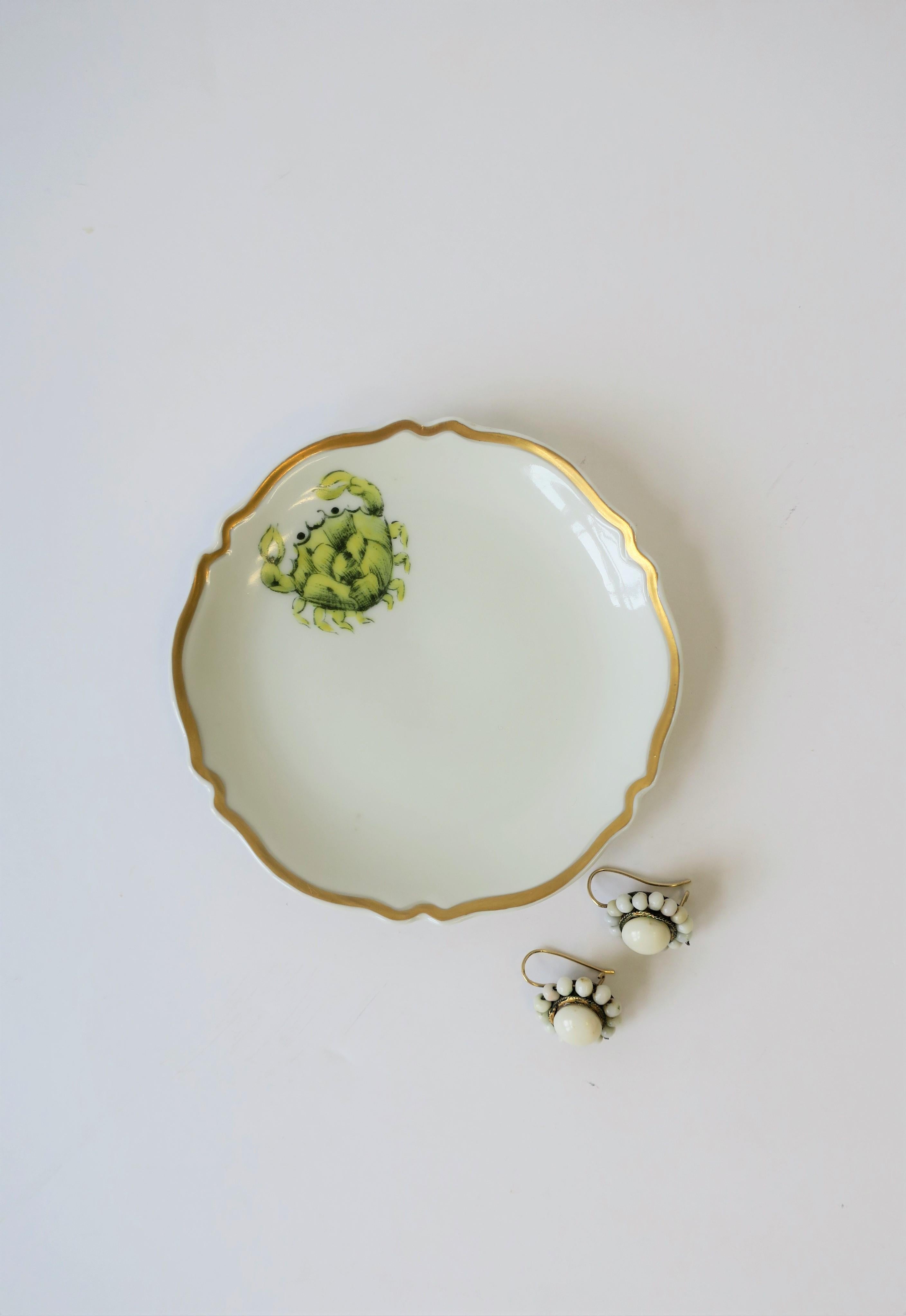 20th Century French White and Gold Porcelain Jewelry Dish with Crab Signed by Designer