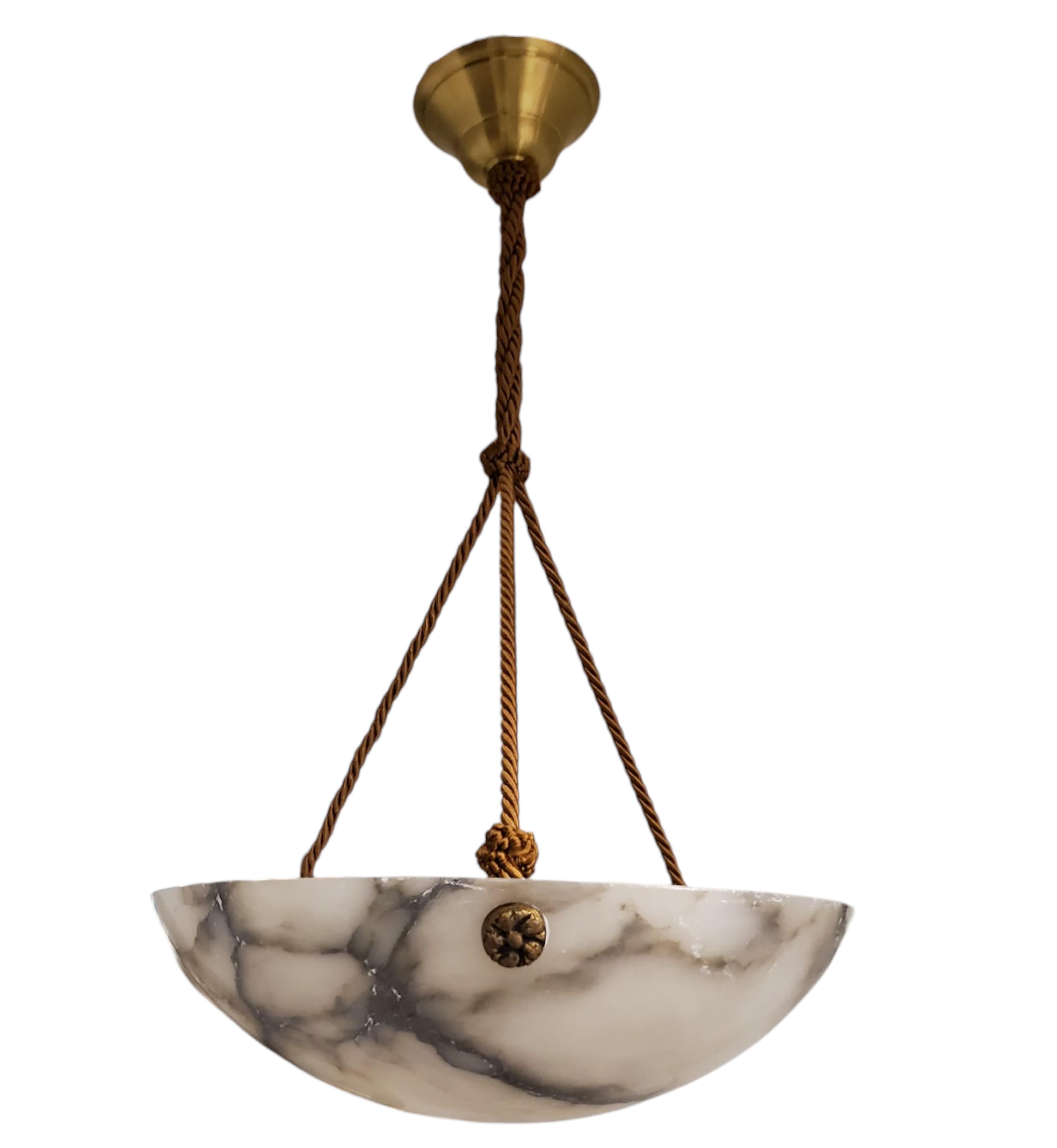 Minimalist French white and grey veined original alabaster coupe w/ gold cord For Sale