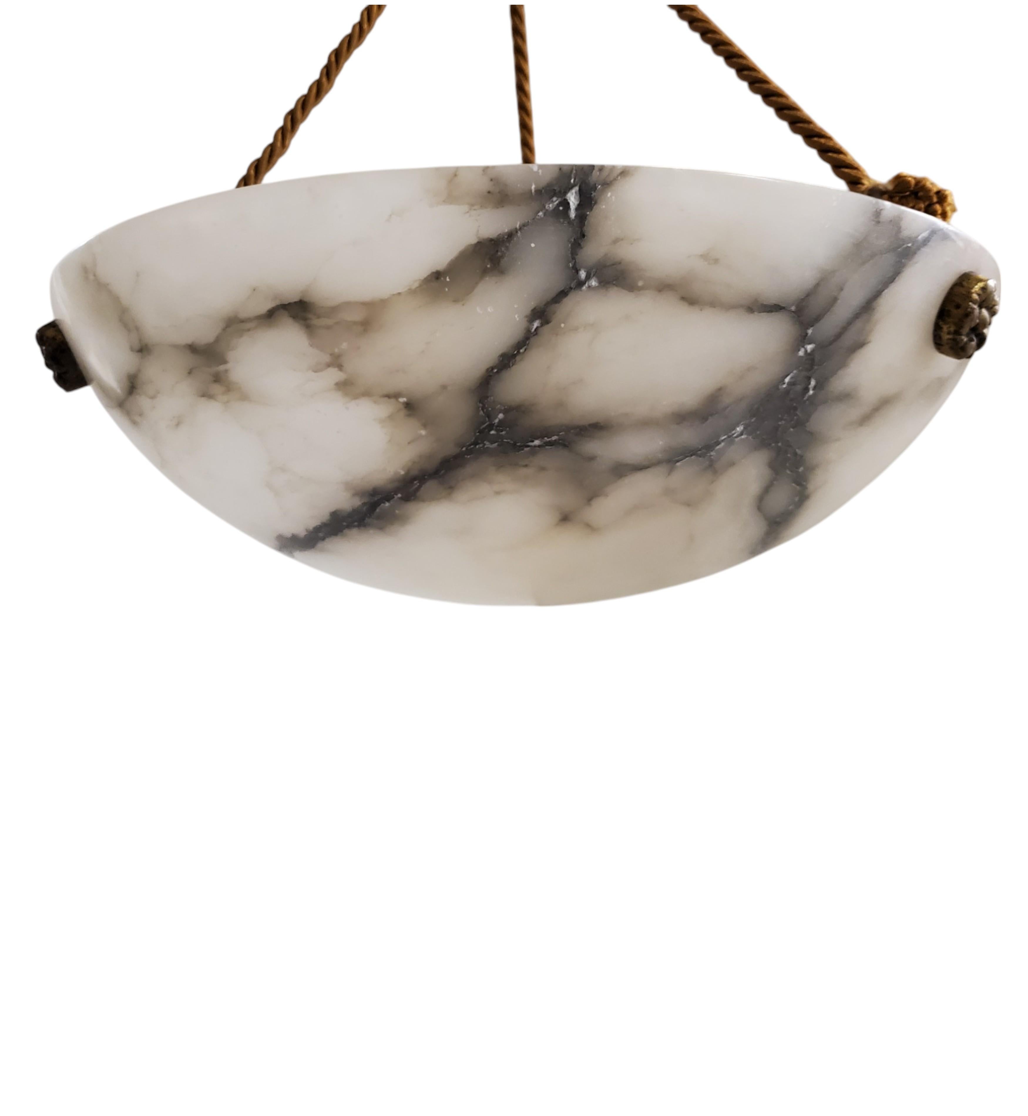 20th Century French white and grey veined original alabaster coupe w/ gold cord For Sale