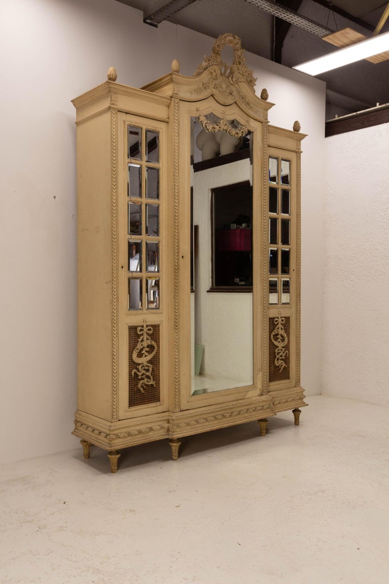 French White Armoire Wardrobe and Shelves Louis XVI Cane, Early 20th