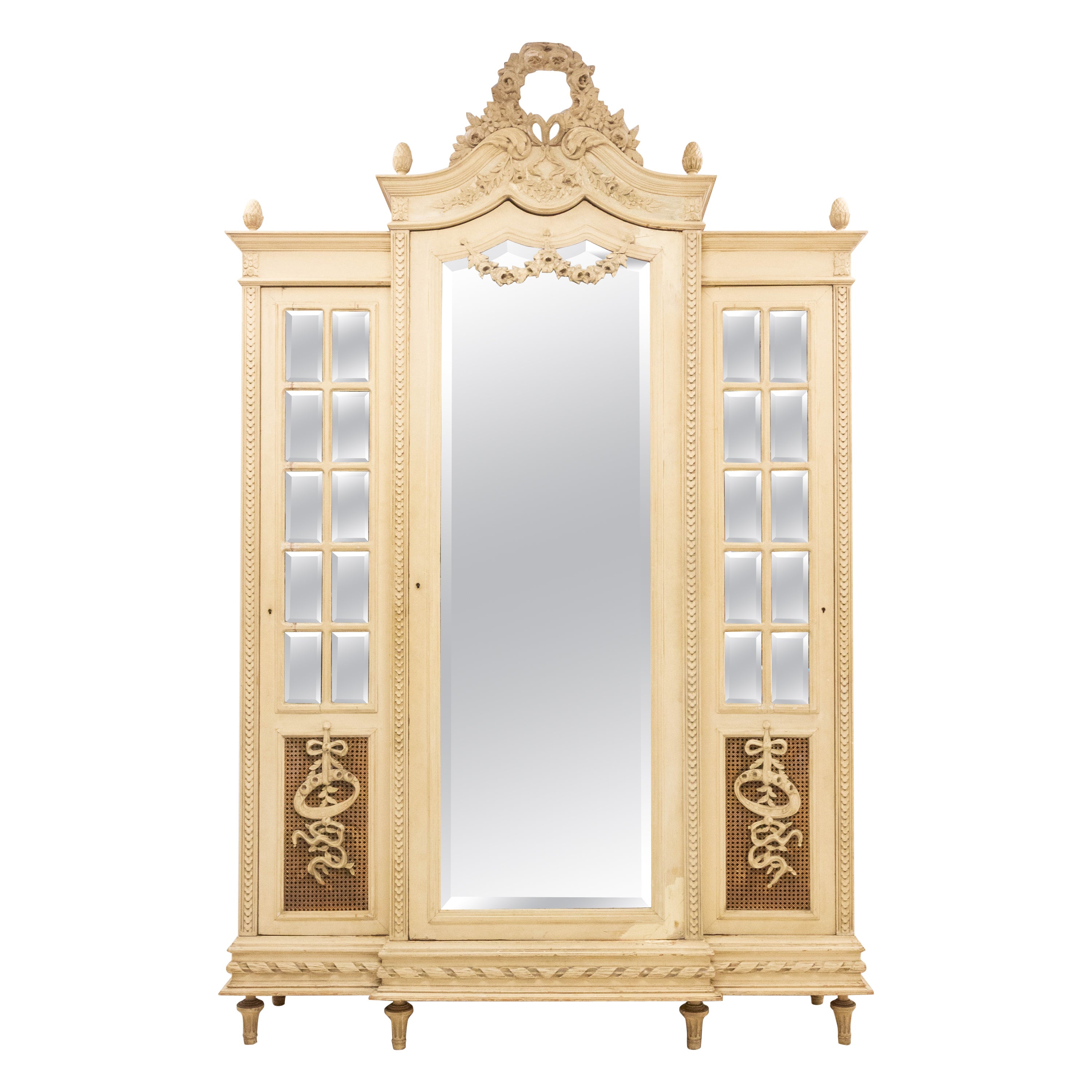 French White Armoire Wardrobe and Shelves Louis XVI Cane, Early 20th Century