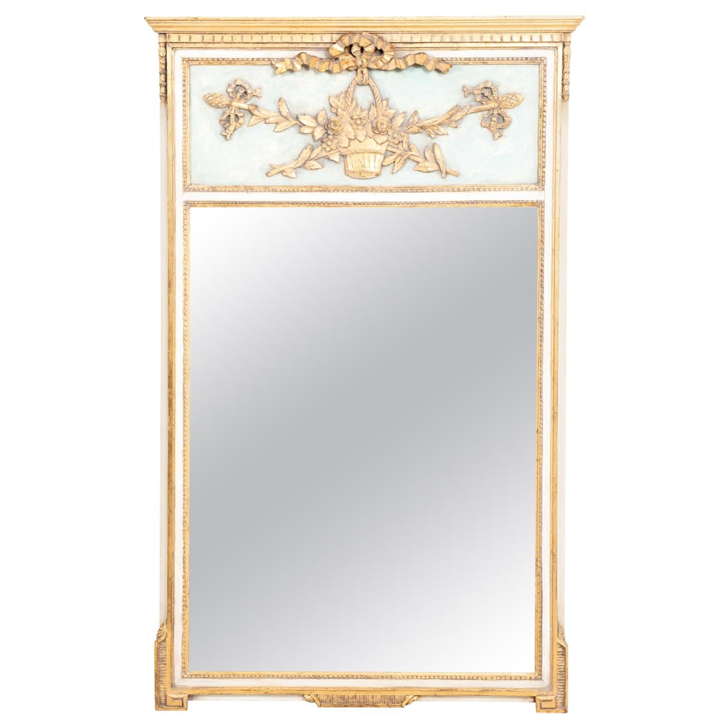 French White Blue and Gold Trumeau Mirror