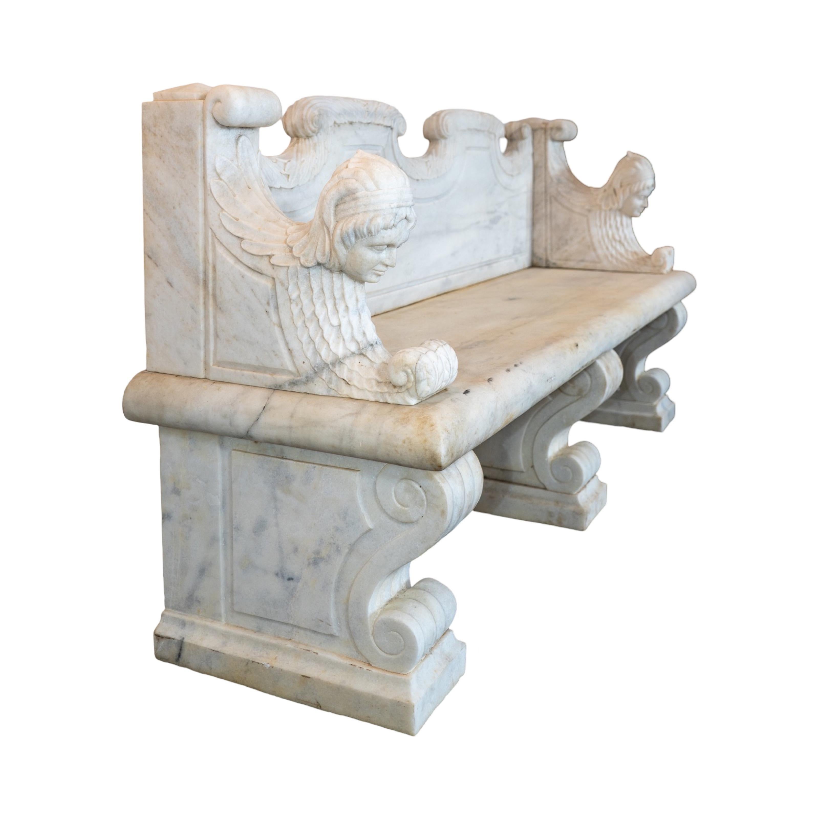 French White Carrara Marble Bench In Good Condition In Dallas, TX