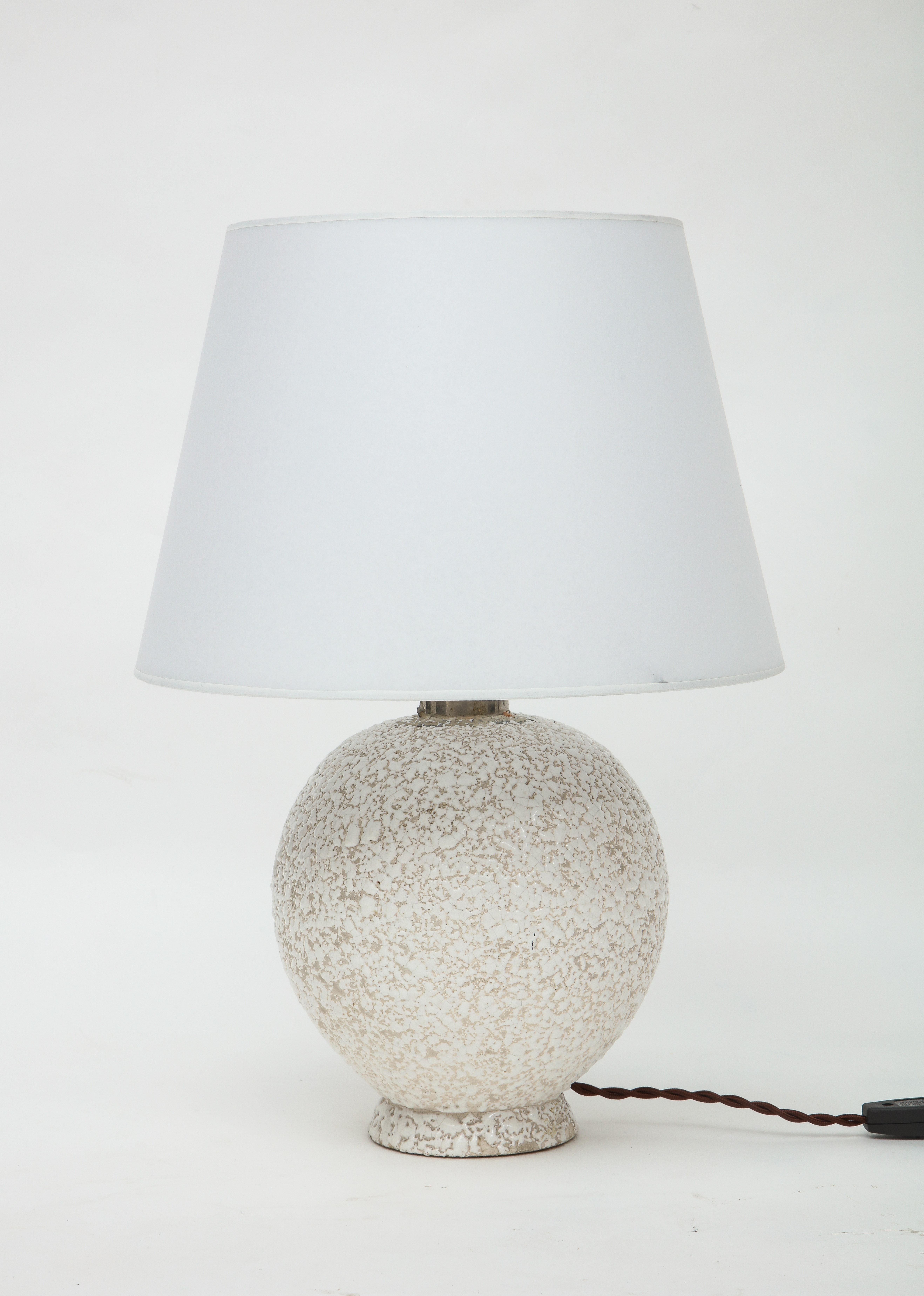 Mid-Century Modern French White Ceramic Lamp, Textured Glaze, Parchment Shade, France, c. 1950