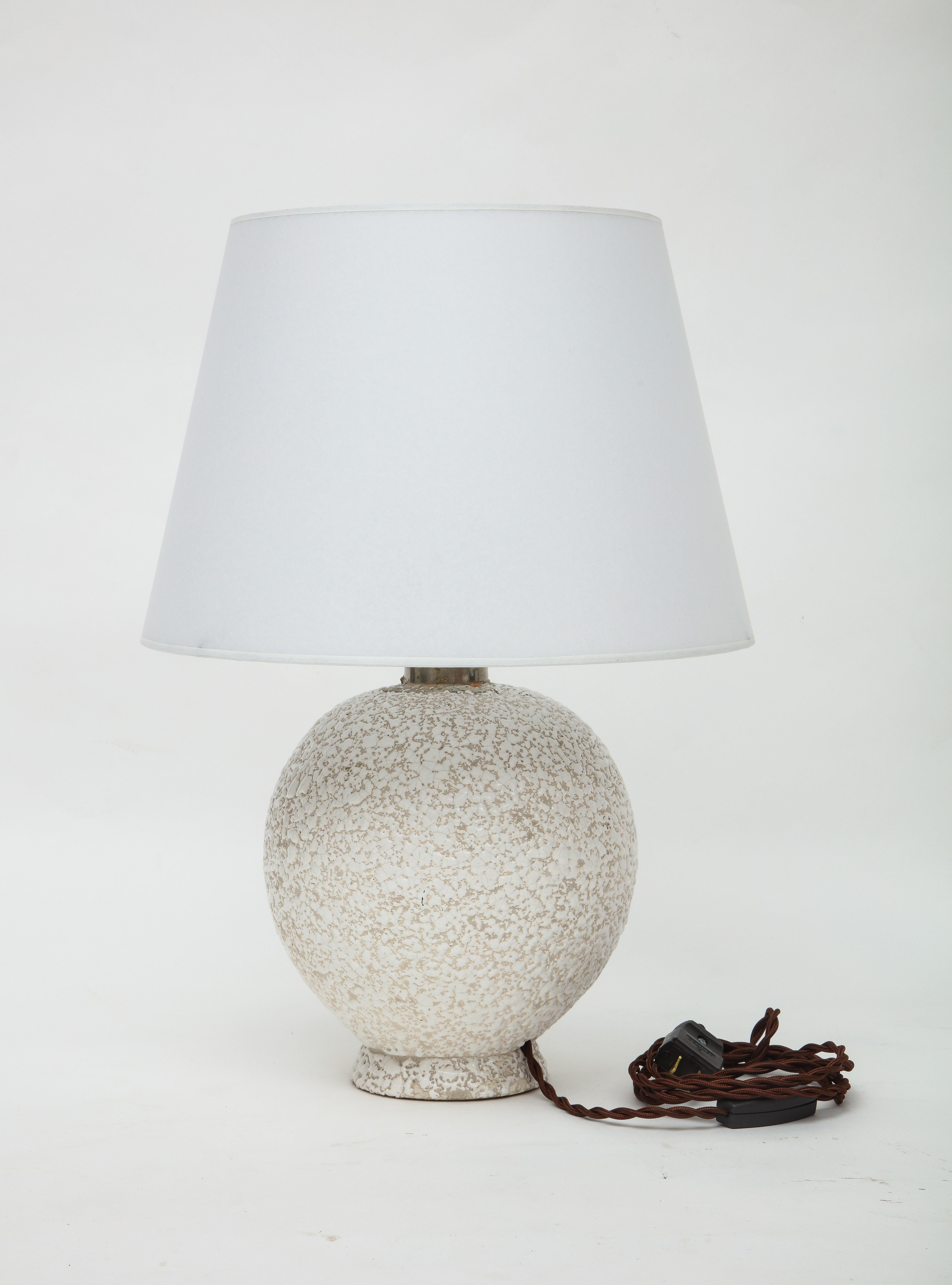Mid-20th Century French White Ceramic Lamp, Textured Glaze, Parchment Shade, France, c. 1950