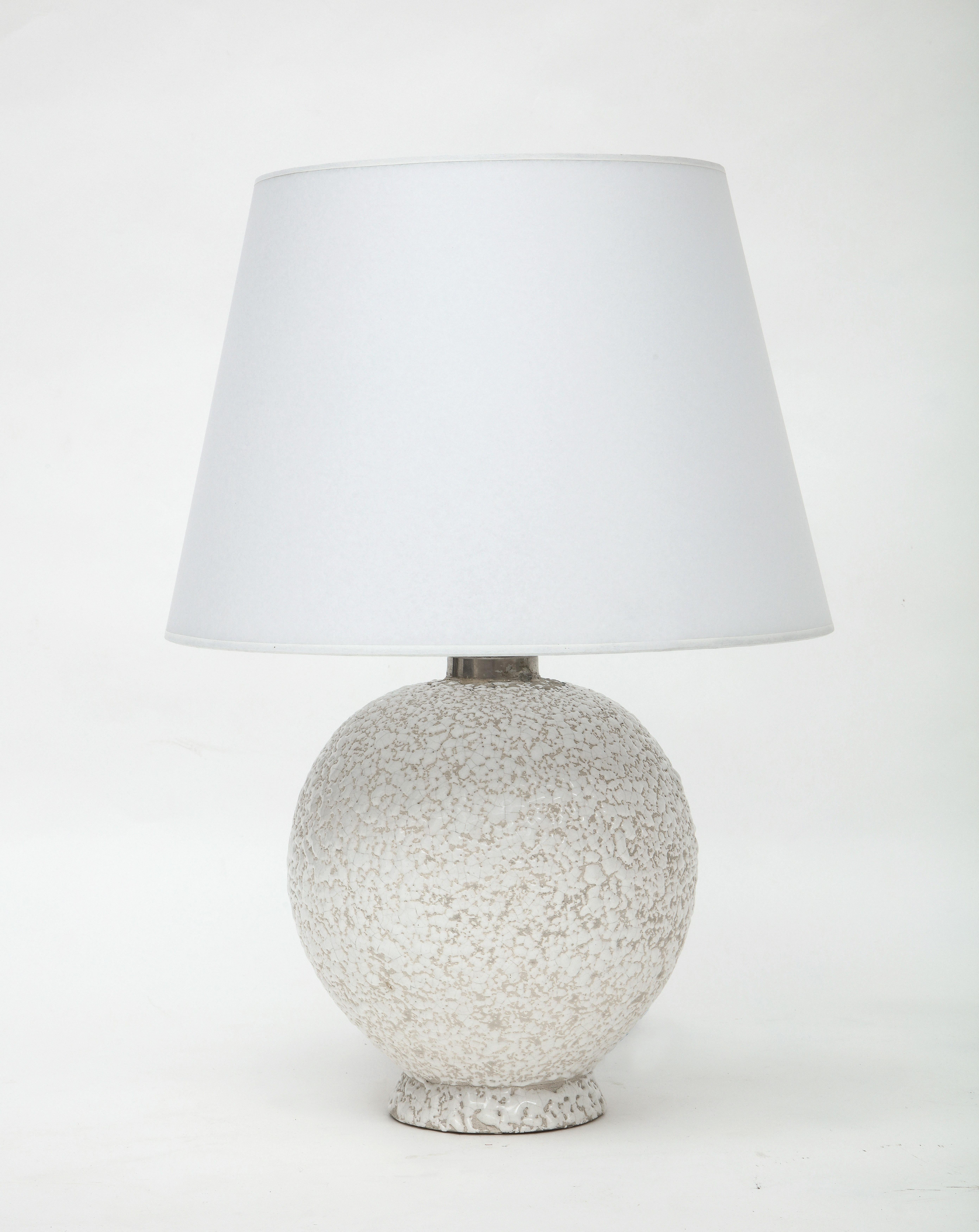 French White Ceramic Lamp, Textured Glaze, Parchment Shade, France, c. 1950 1