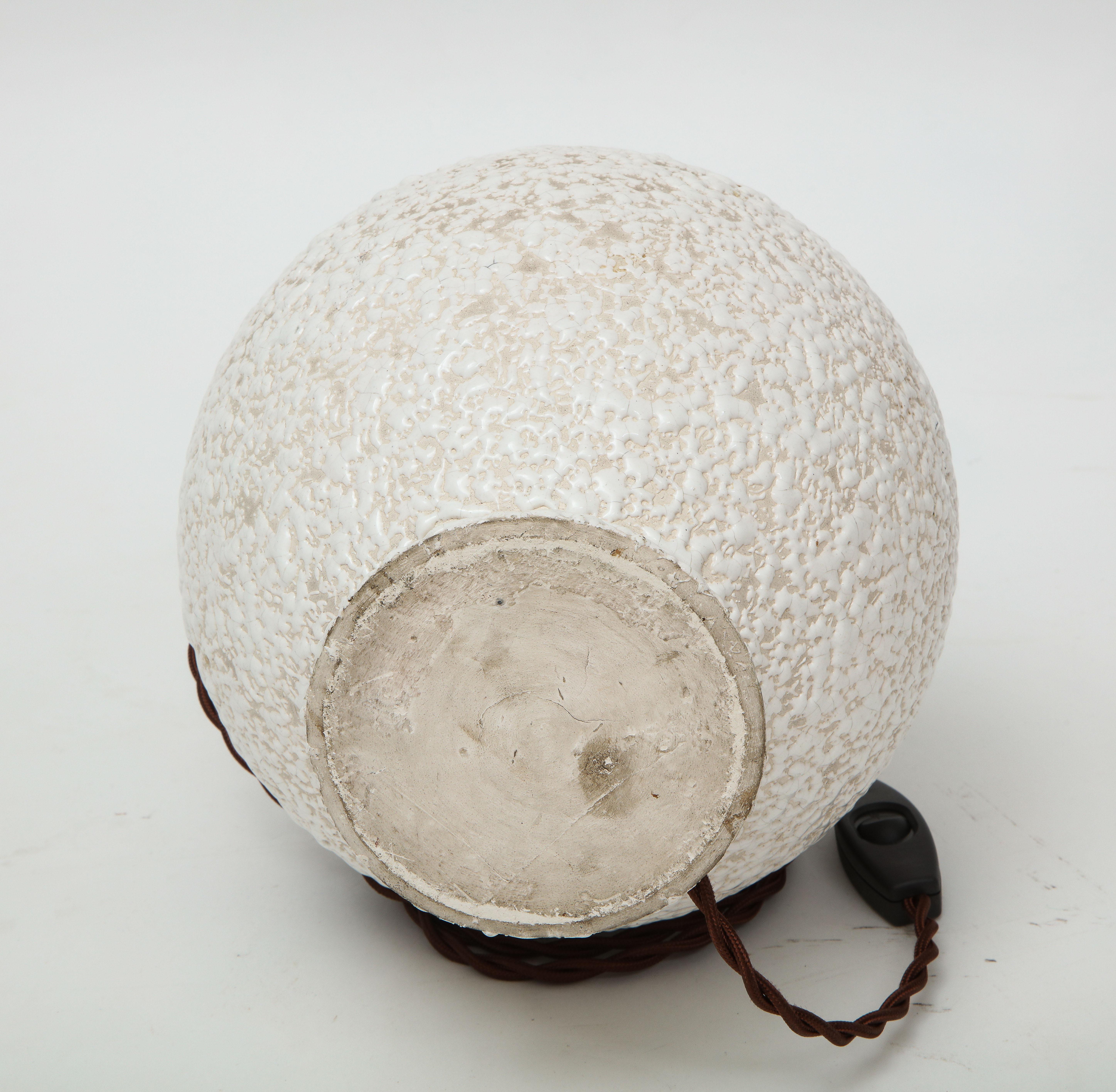 French White Ceramic Lamp, Textured Glaze, Parchment Shade, France, c. 1950 4