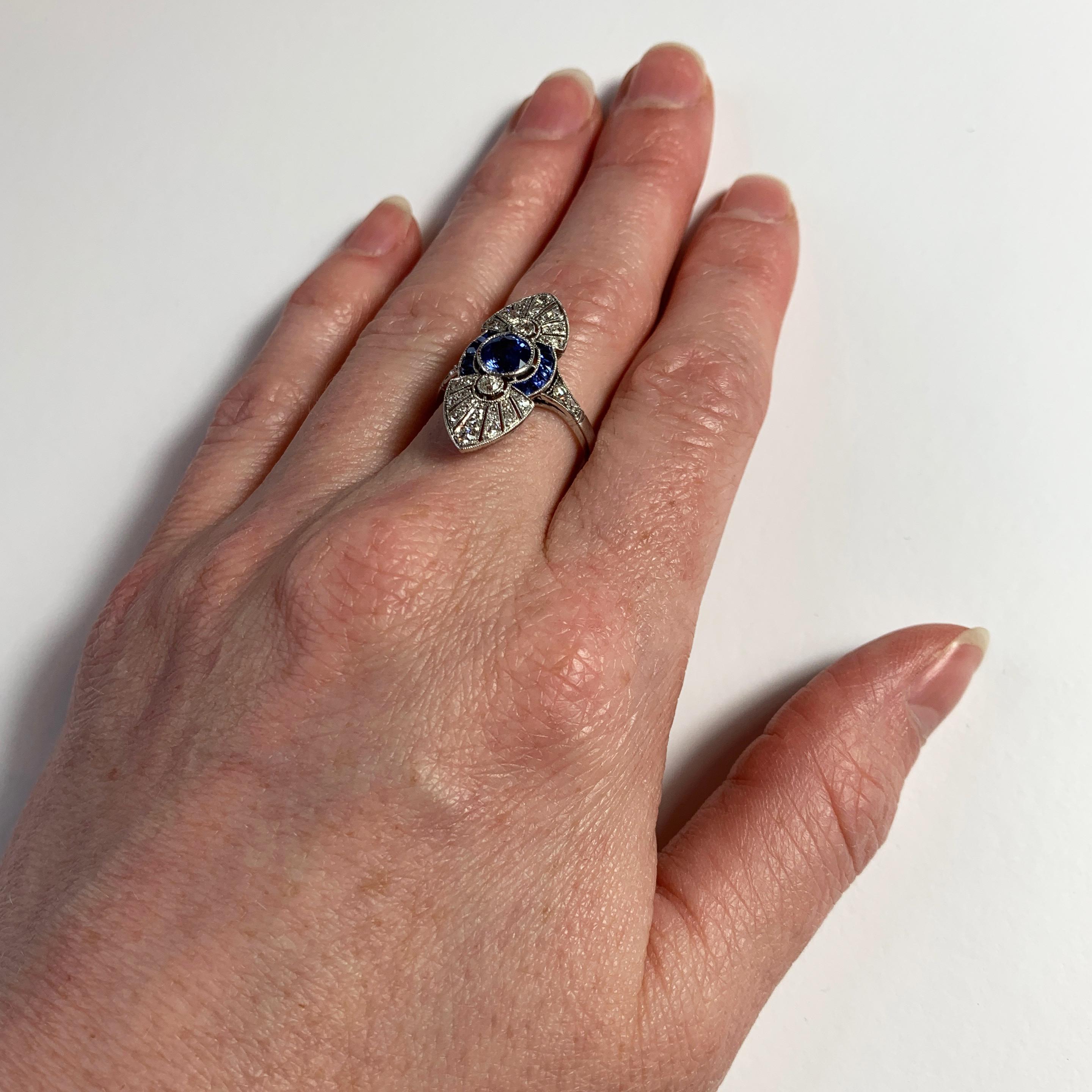 Belle Époque French White Diamond Blue Sapphire Platinum Ring For Sale