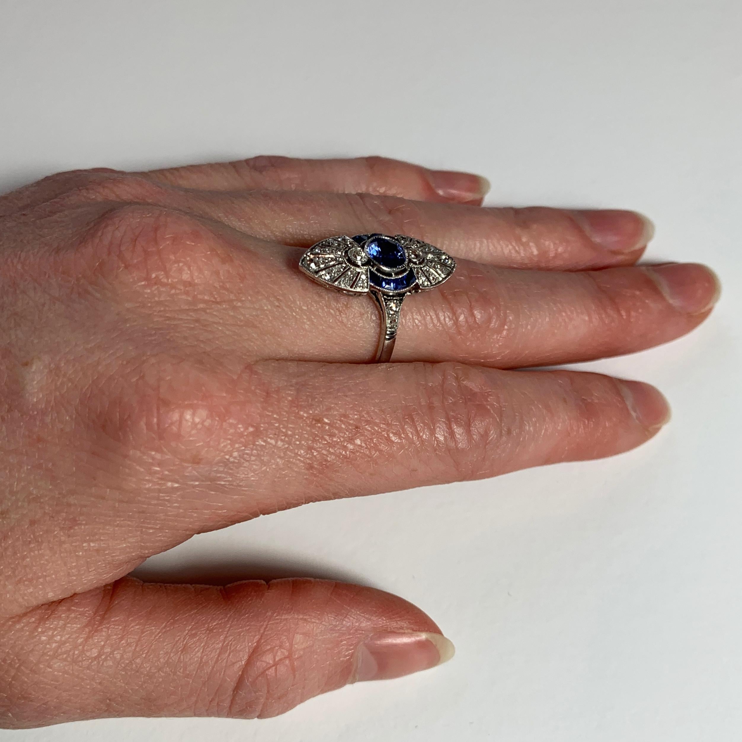 Round Cut French White Diamond Blue Sapphire Platinum Ring