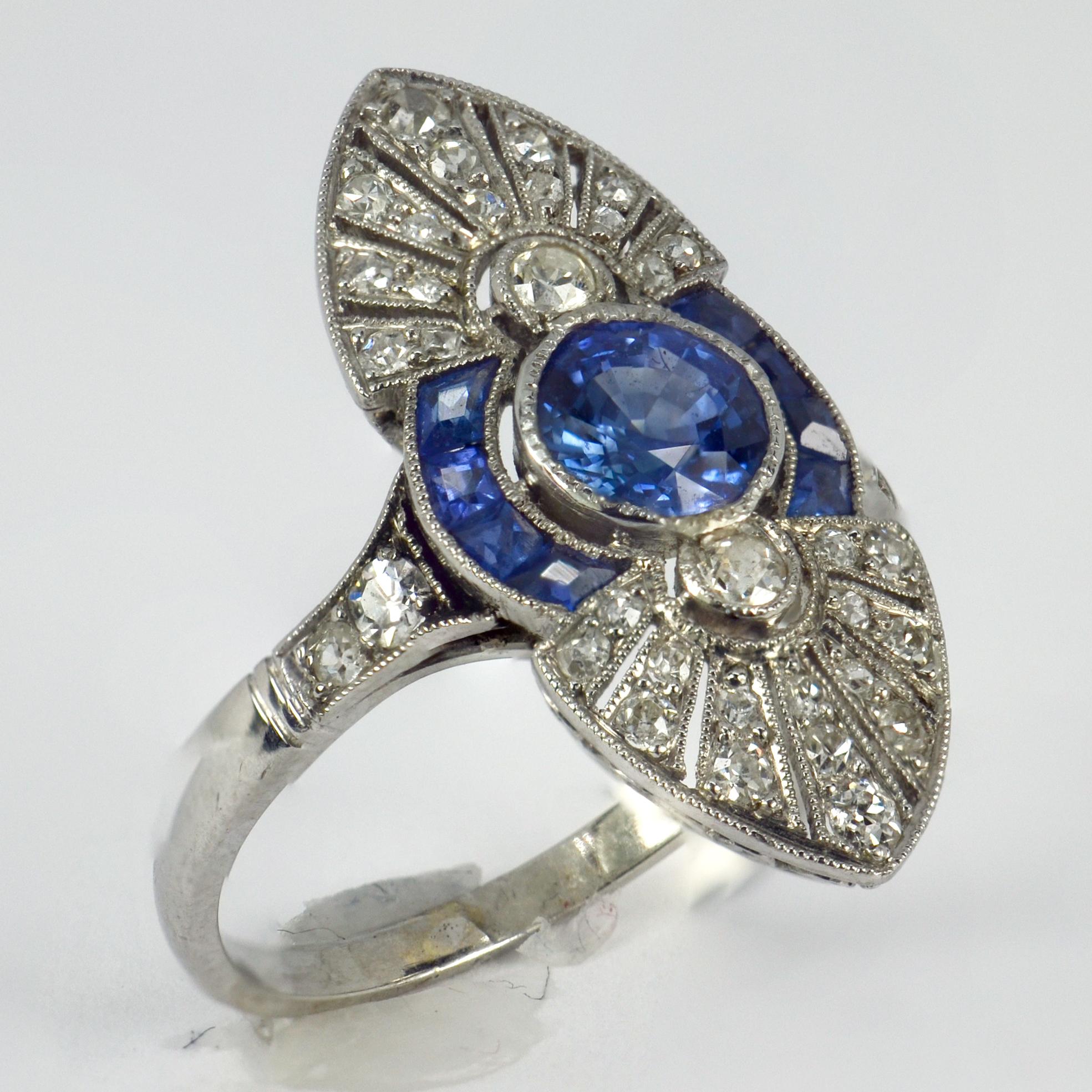 Women's French White Diamond Blue Sapphire Platinum Ring For Sale