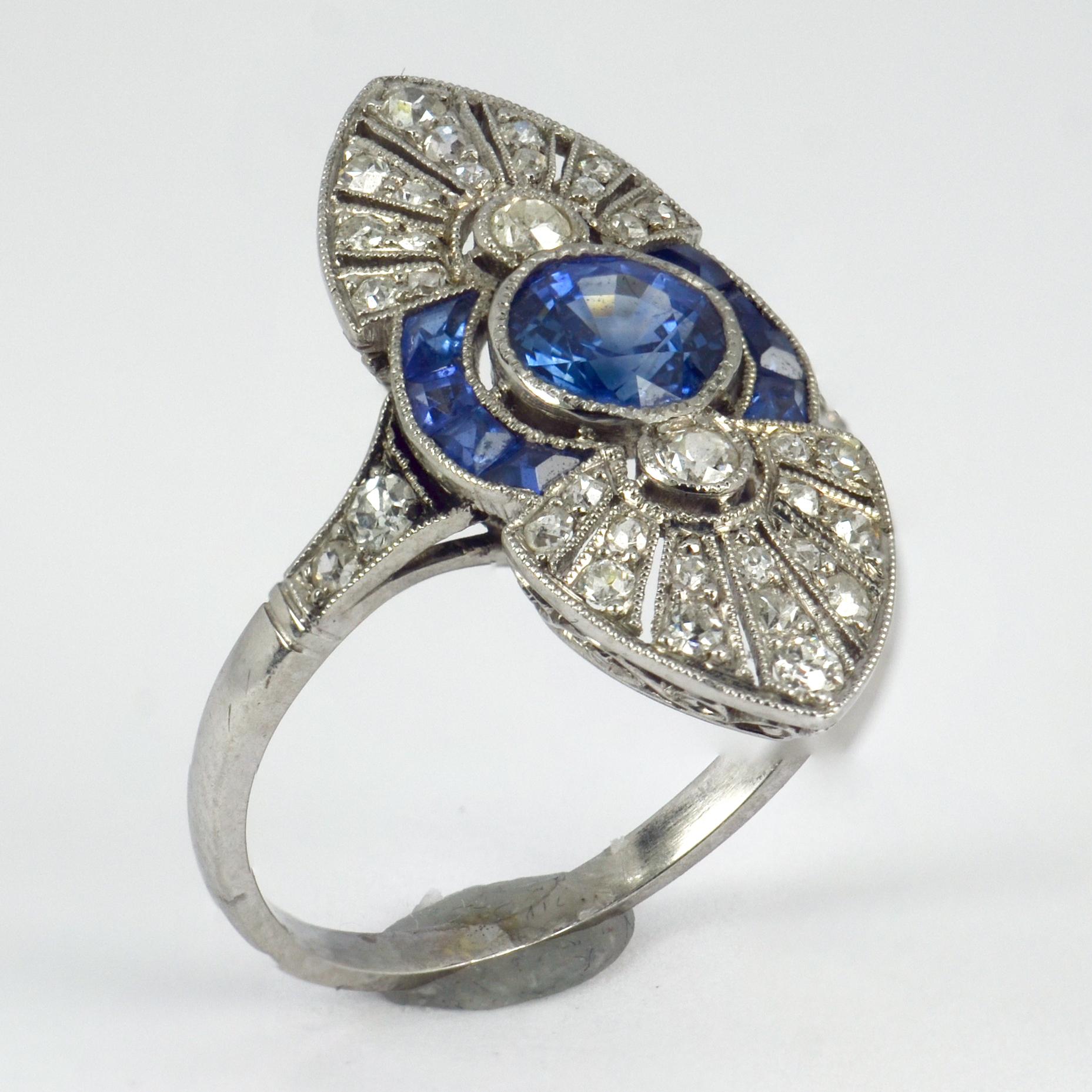 French White Diamond Blue Sapphire Platinum Ring For Sale 1