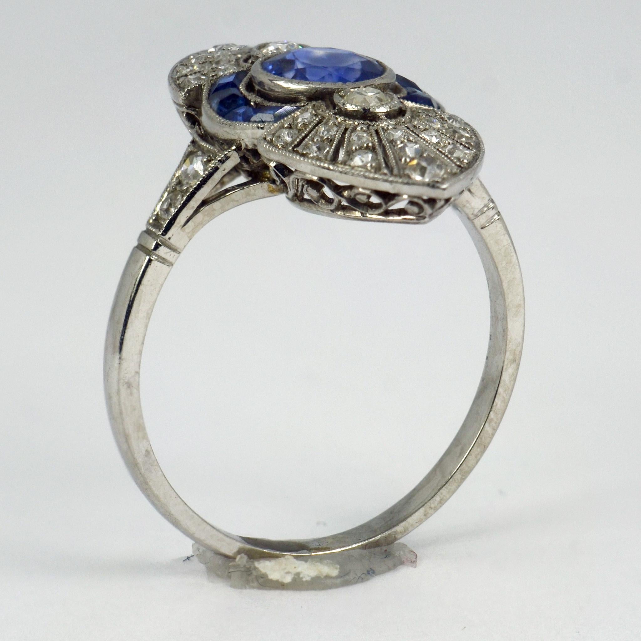 French White Diamond Blue Sapphire Platinum Ring For Sale 3
