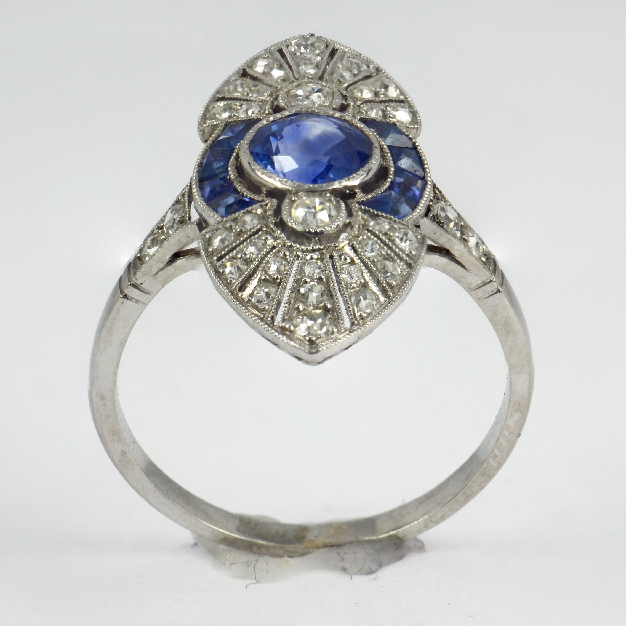 French White Diamond Blue Sapphire Platinum Ring For Sale 4