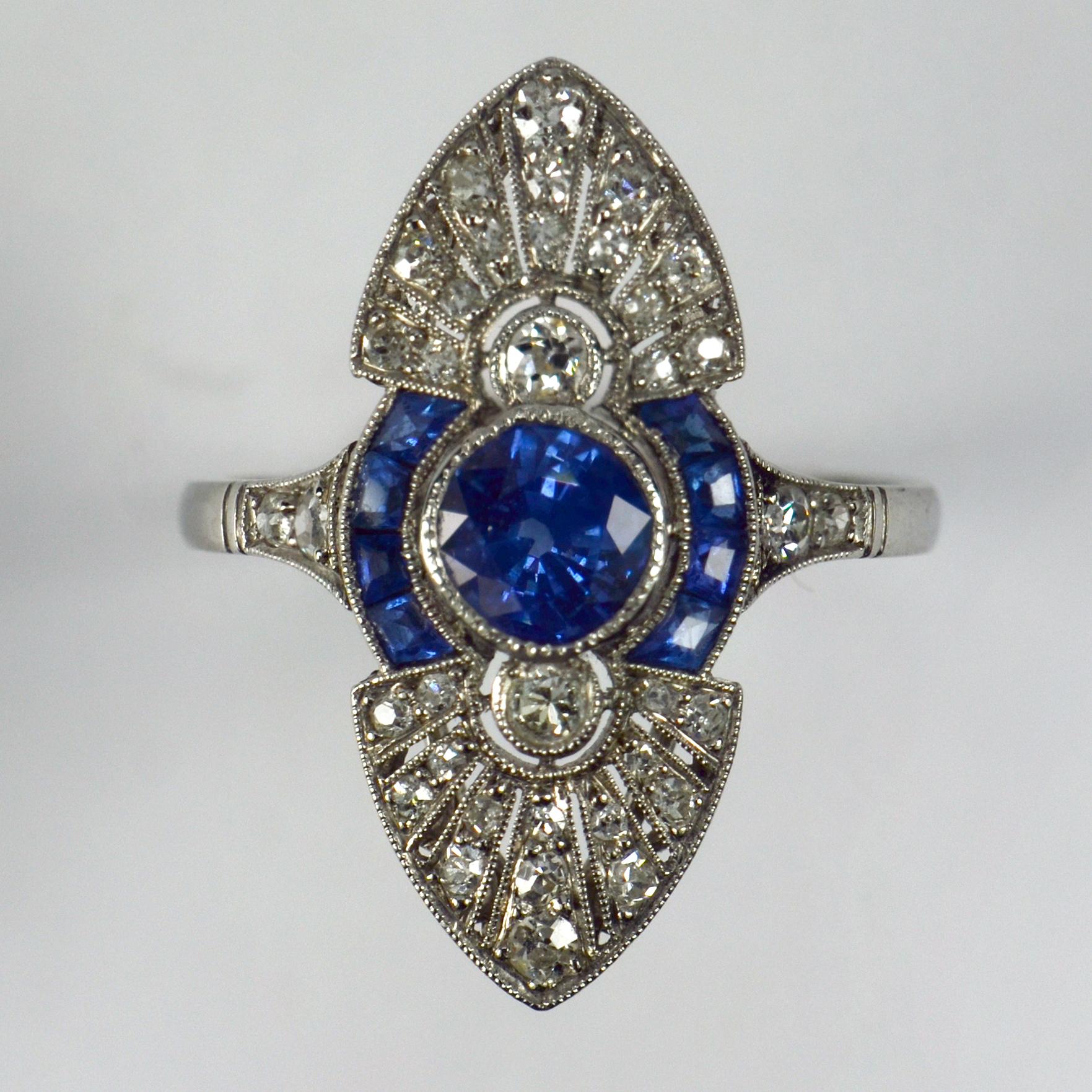 French White Diamond Blue Sapphire Platinum Ring For Sale 6