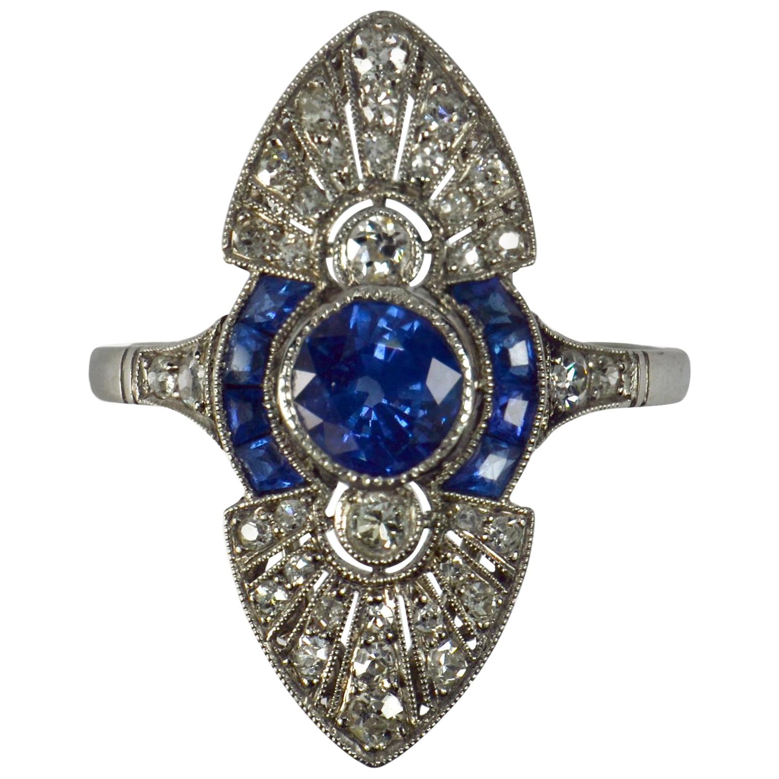 French White Diamond Blue Sapphire Platinum Ring For Sale
