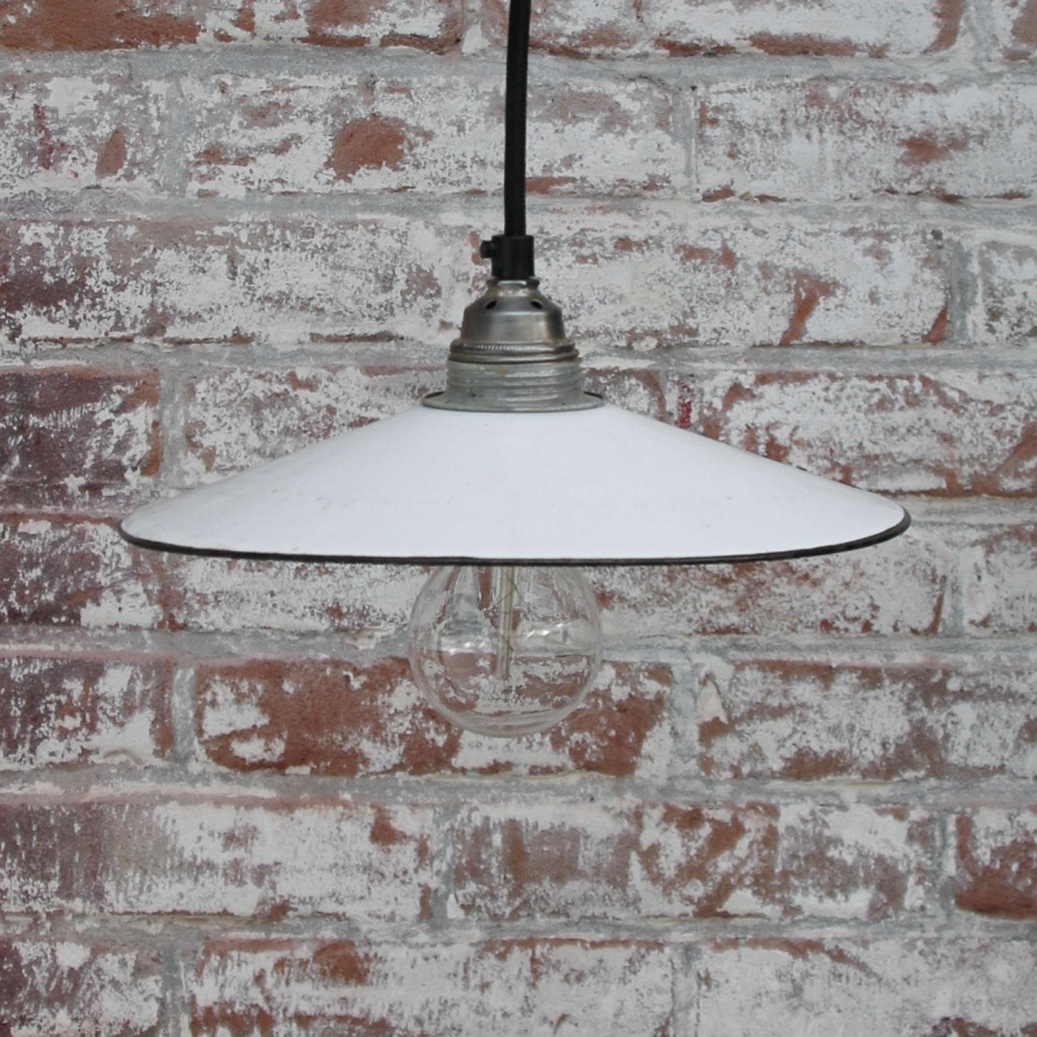 20th Century French White Enamel Vintage Industrial Pendant Light