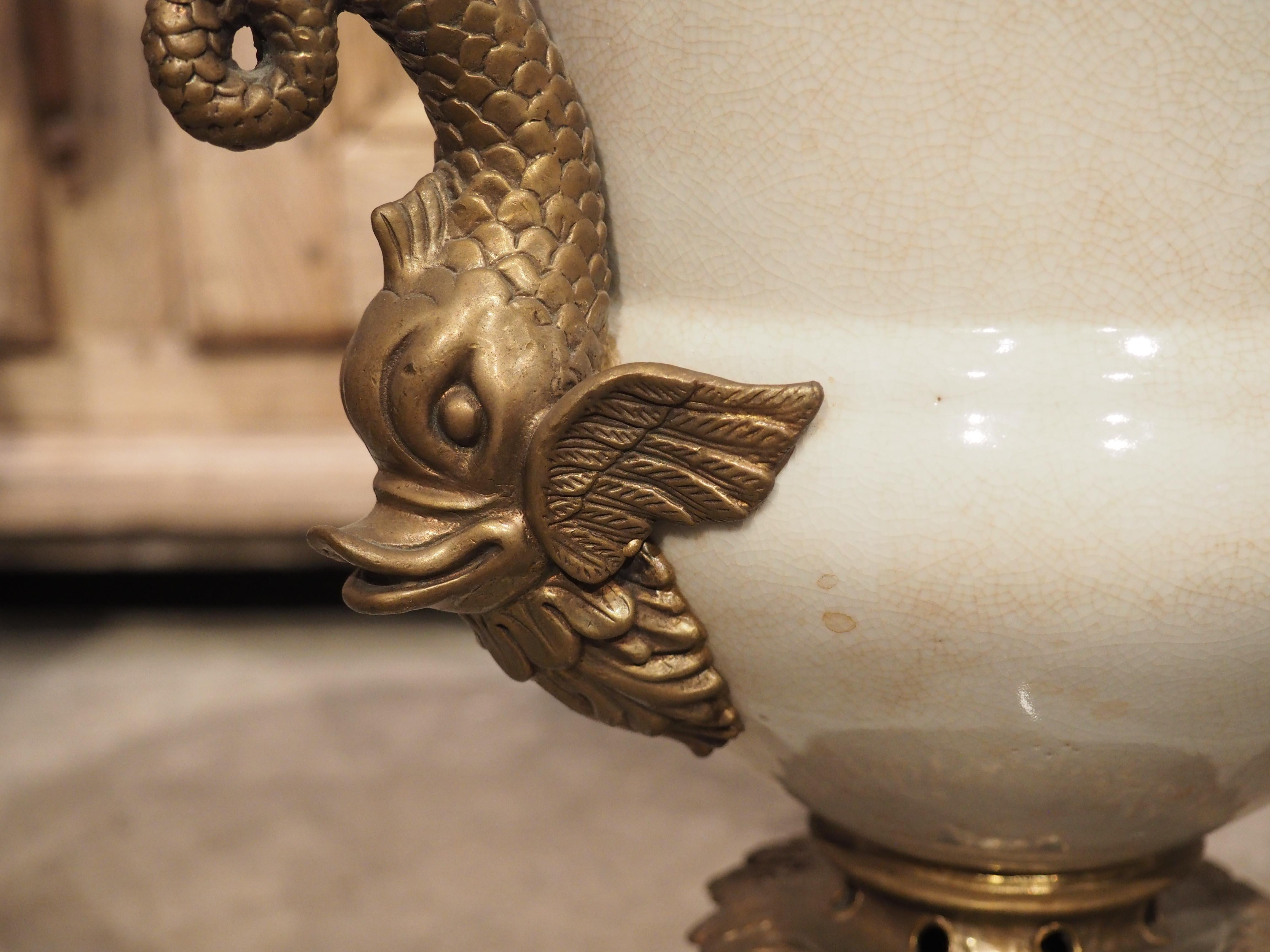 French White Faience Medici Form Vase with Bronze Dolphin Mounts, 19th Century 7