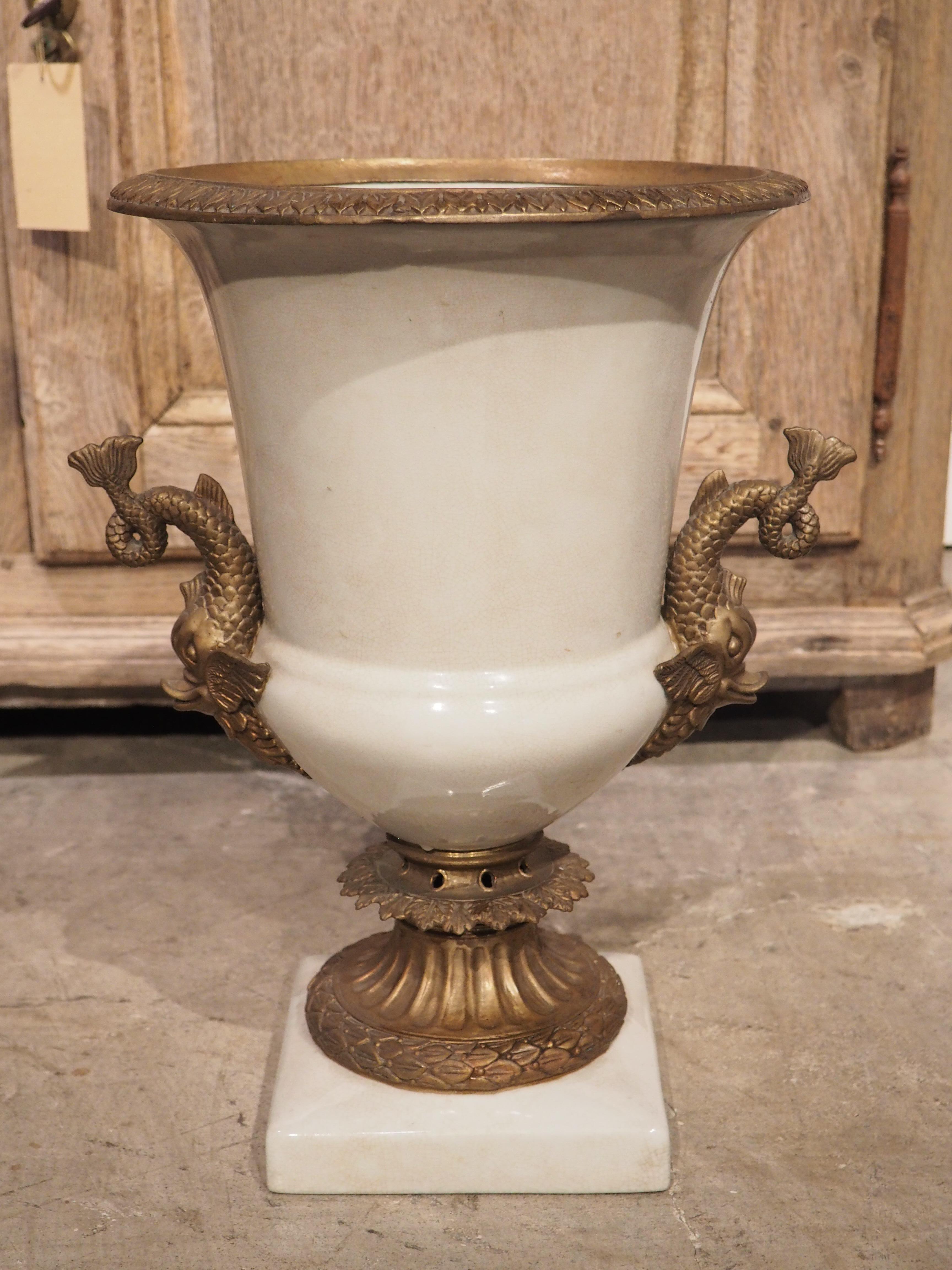 French White Faience Medici Form Vase with Bronze Dolphin Mounts, 19th Century 10