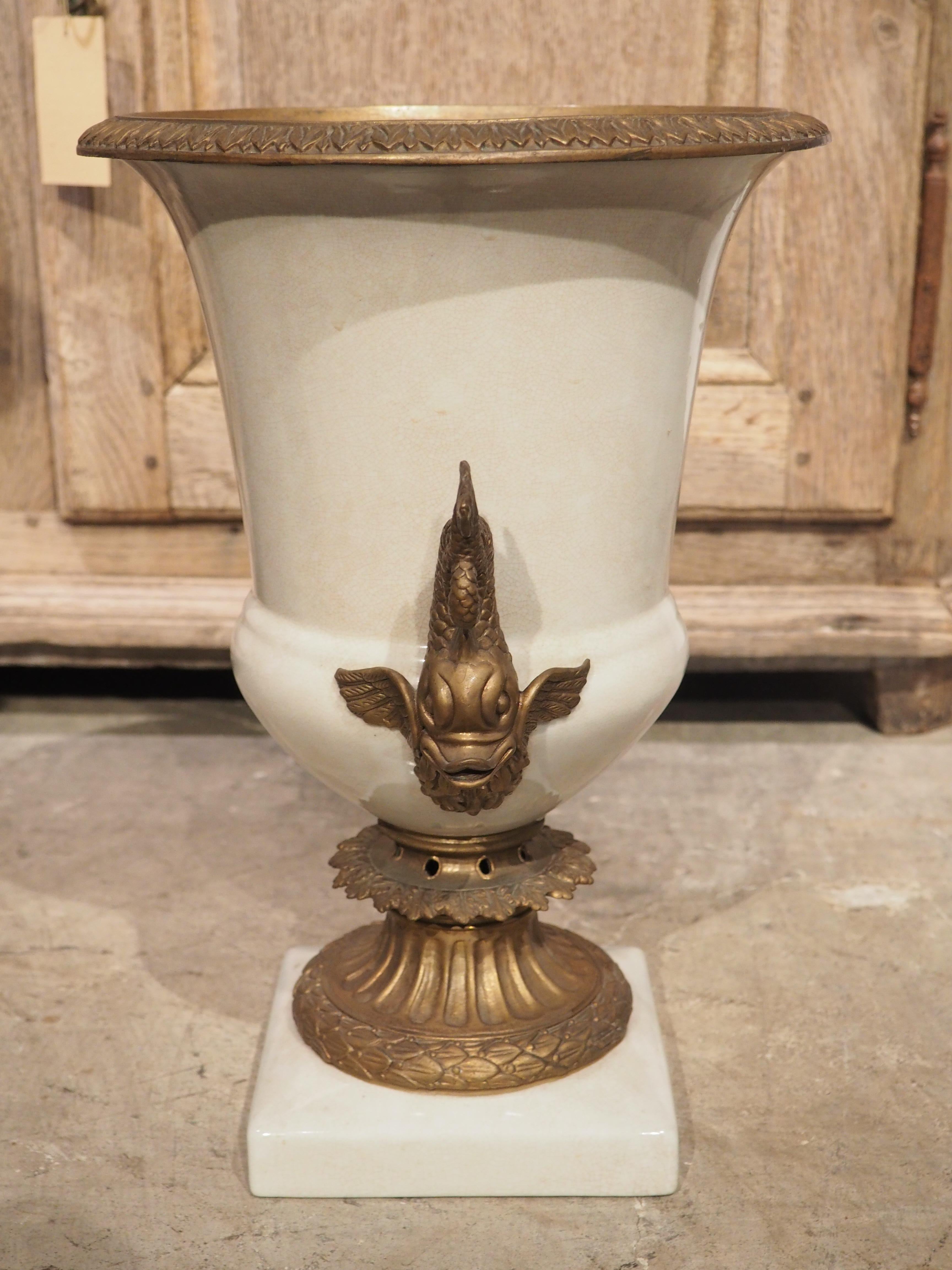 French White Faience Medici Form Vase with Bronze Dolphin Mounts, 19th Century 3