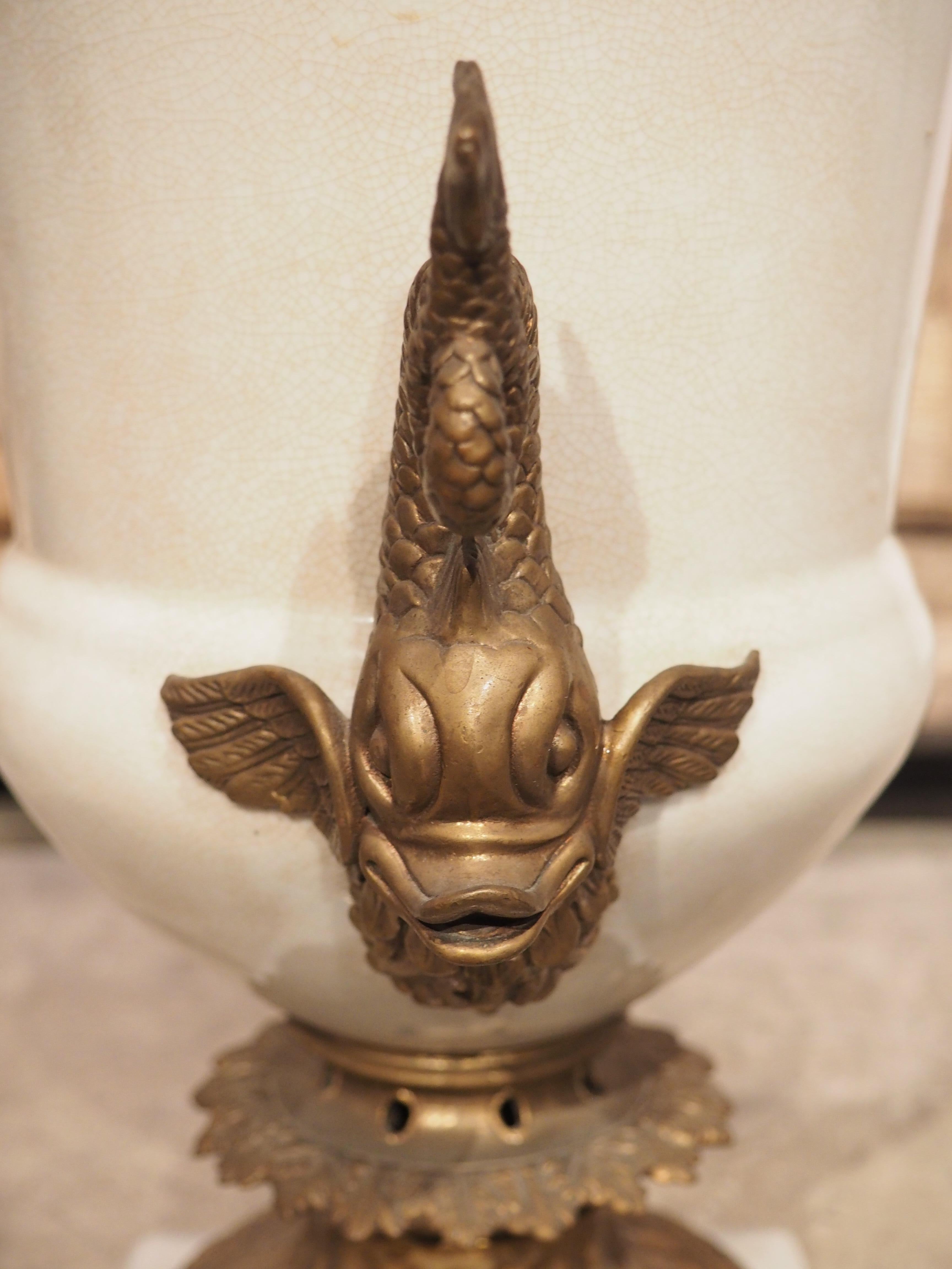 French White Faience Medici Form Vase with Bronze Dolphin Mounts, 19th Century 4