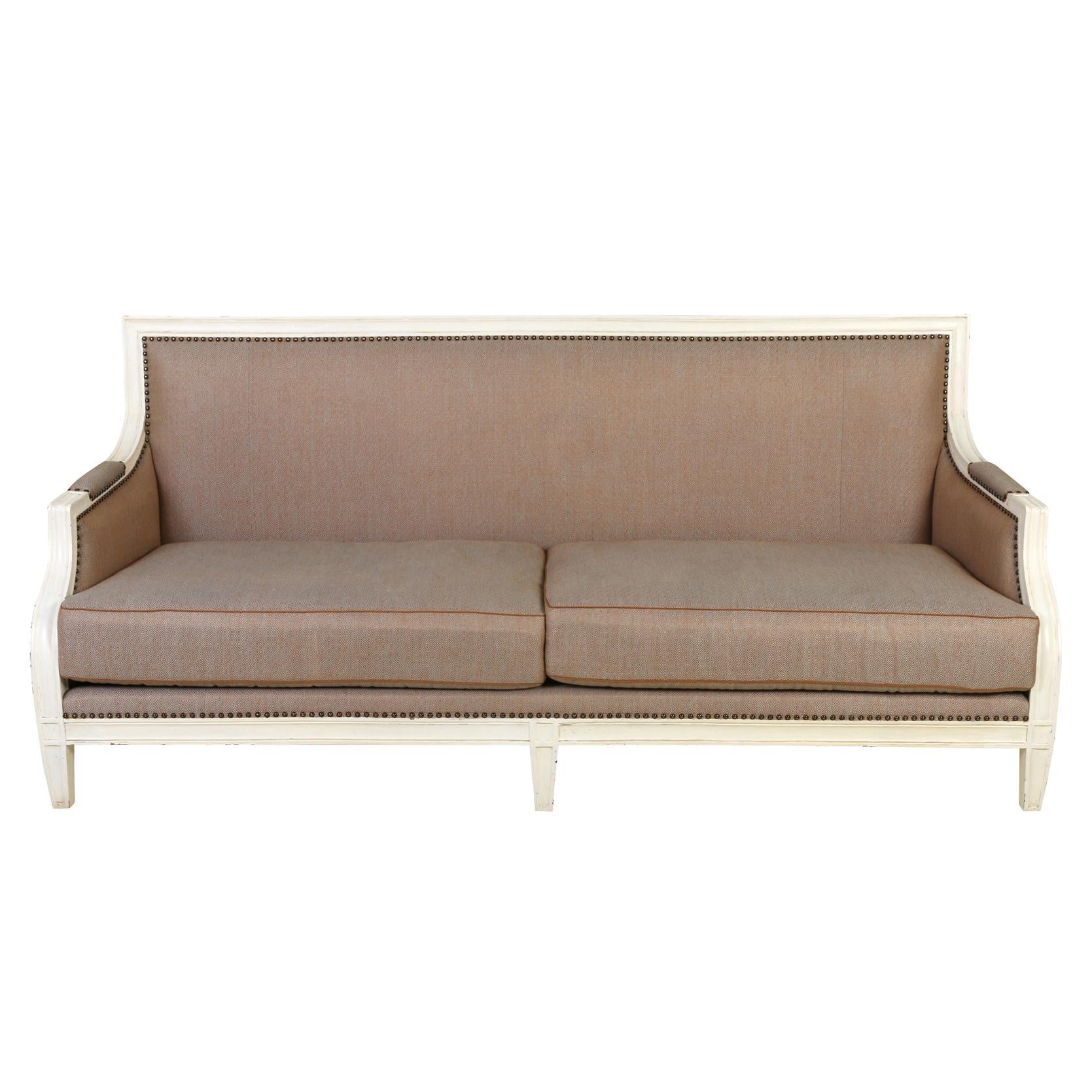 French White Frame Sofa with Beige Upholstery In Good Condition For Sale In Locust Valley, NY