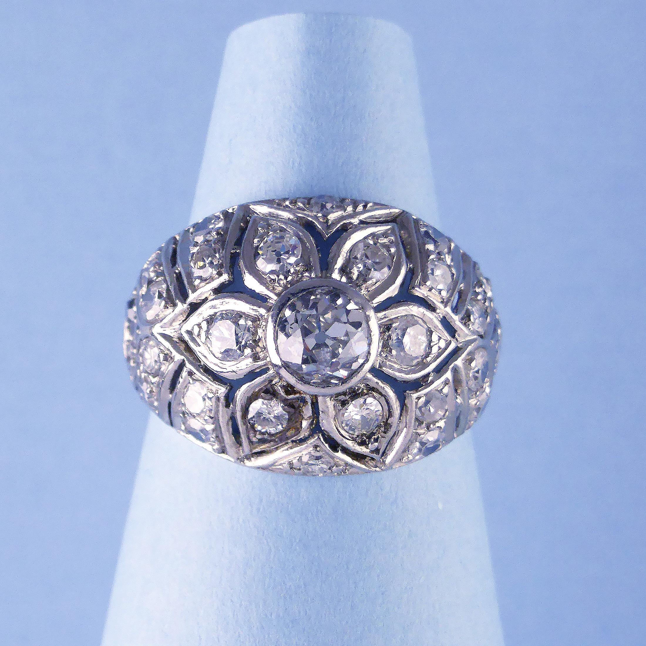 French White Gold Diamond Flower Bombe Ring, circa 1950 2
