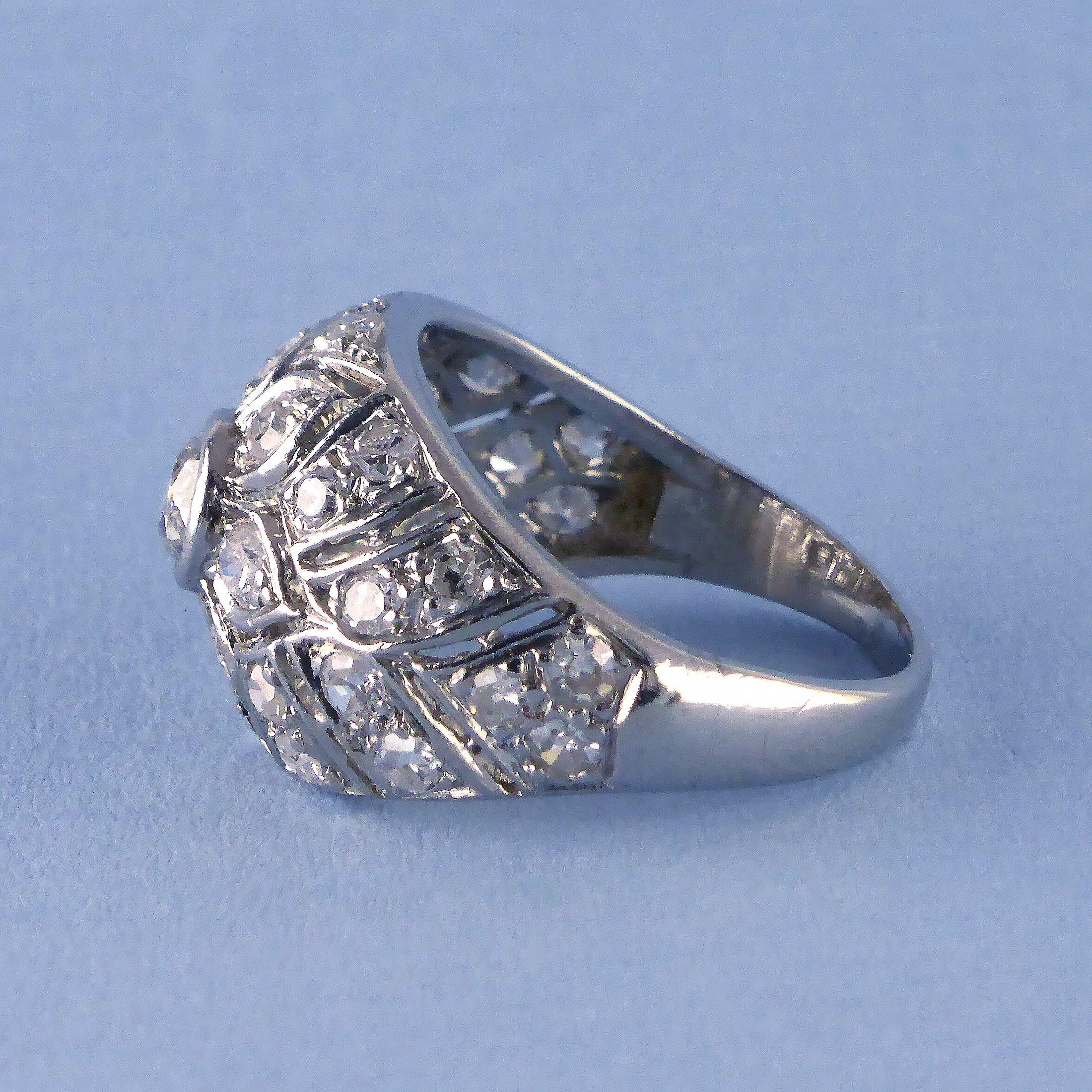 French White Gold Diamond Flower Bombe Ring, circa 1950 3