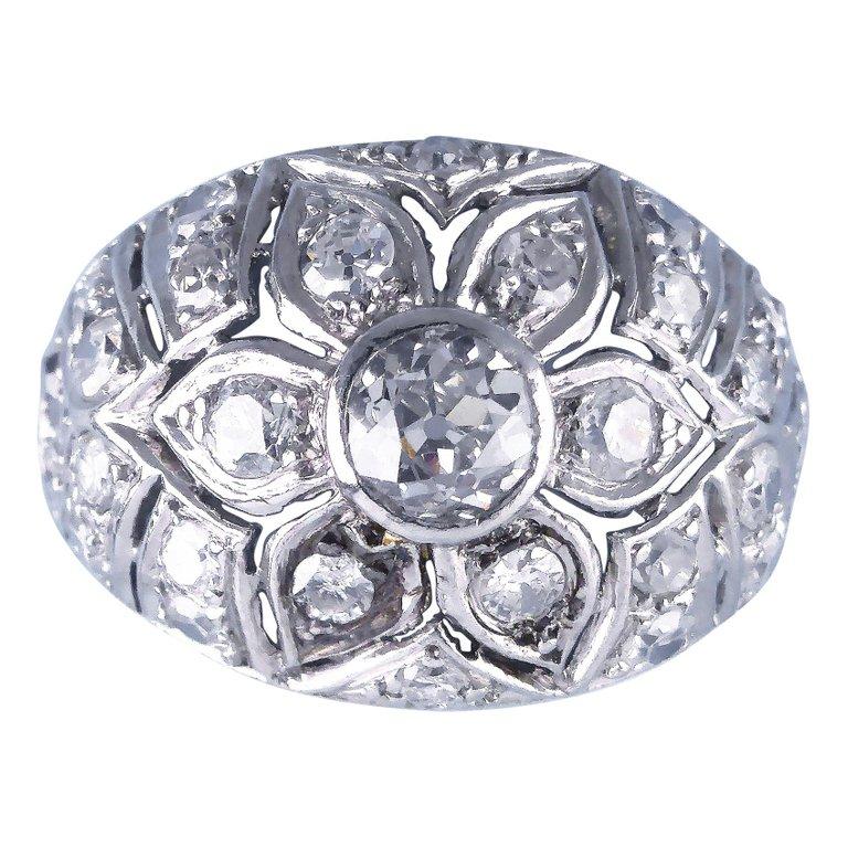 French White Gold Diamond Flower Bombe Ring, circa 1950