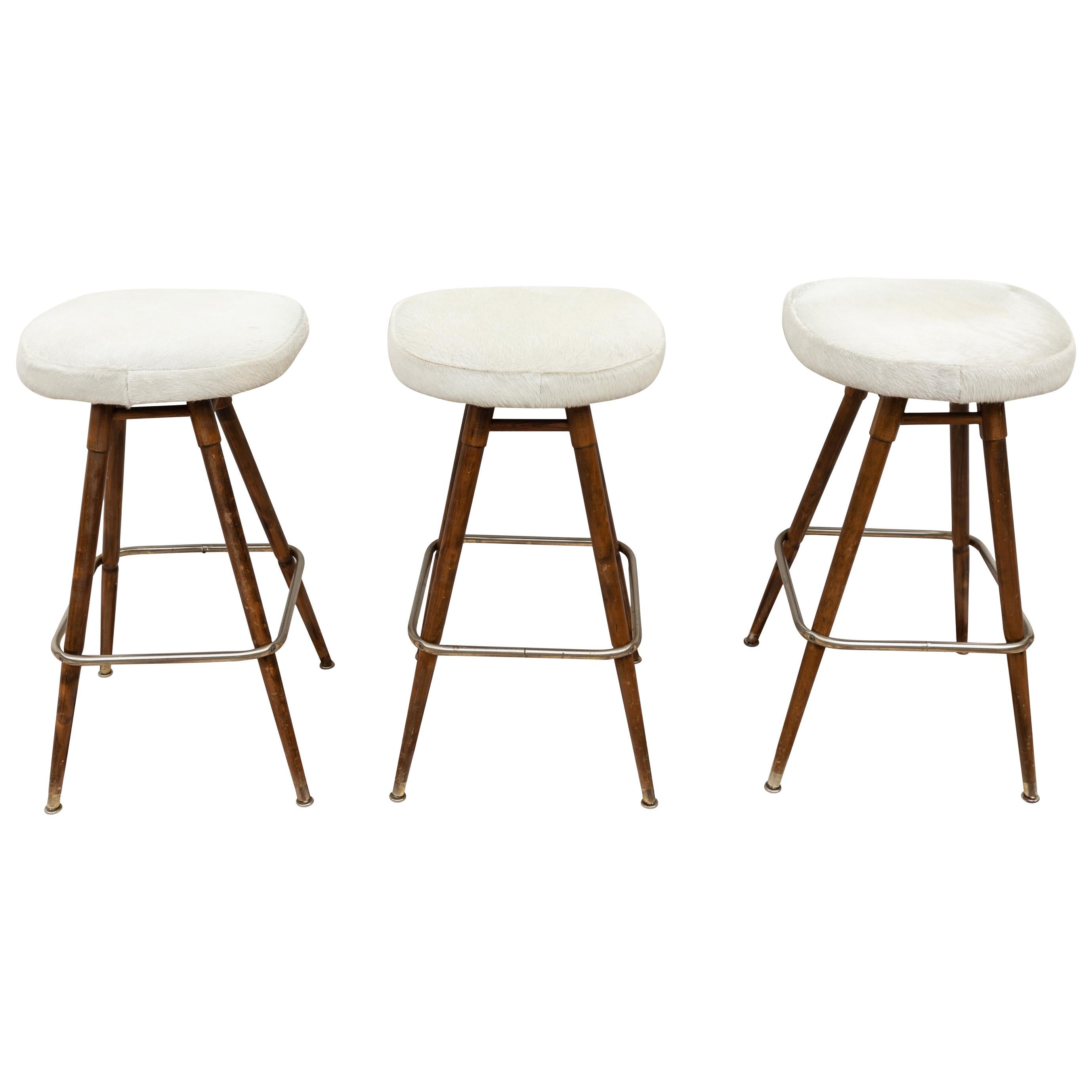 French White Hide and Wood Bar Stools, circa 1960, Set of 3
