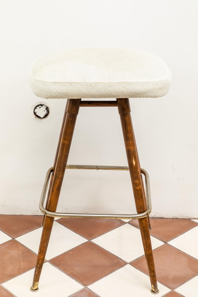 French White Hide and Wood Bar Stools, circa 1960, Set of 3 at 1stDibs