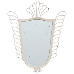French White Lacquered Metal Mirror with Looped Wire Frame and Fan Crest, 1950s