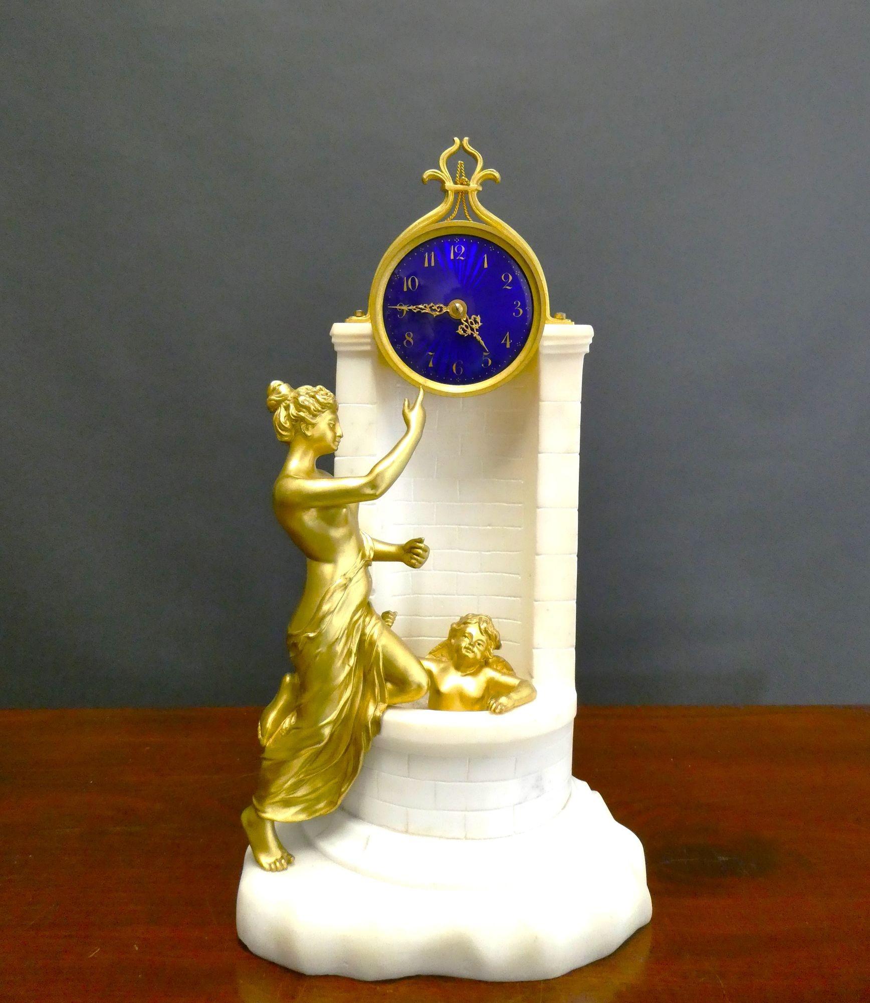 French White Marble and Ormolu Figural Mantel Clock For Sale 7