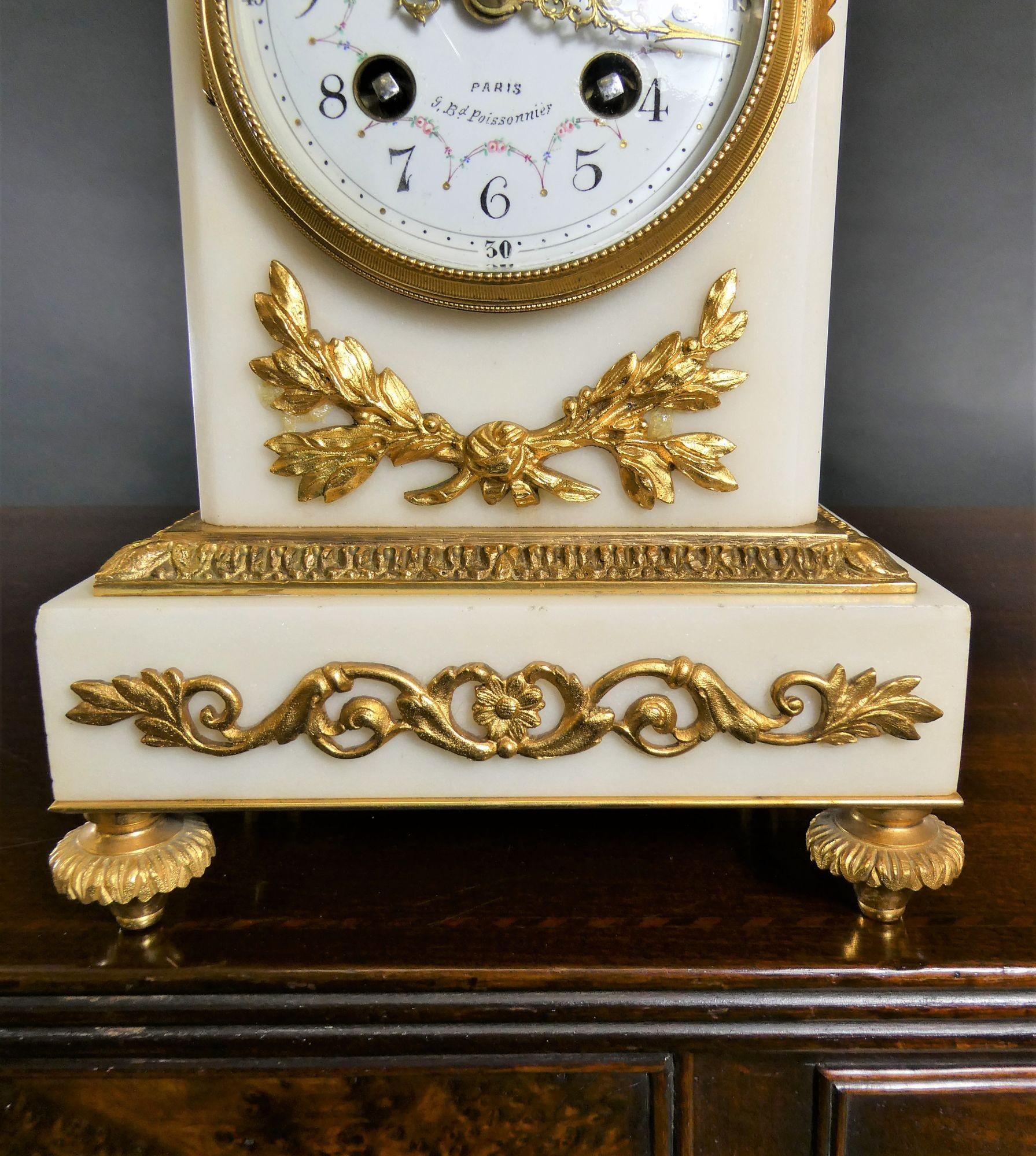 French White Marble and Ormolu Mantel Clock by Samuel Marti For Sale 5