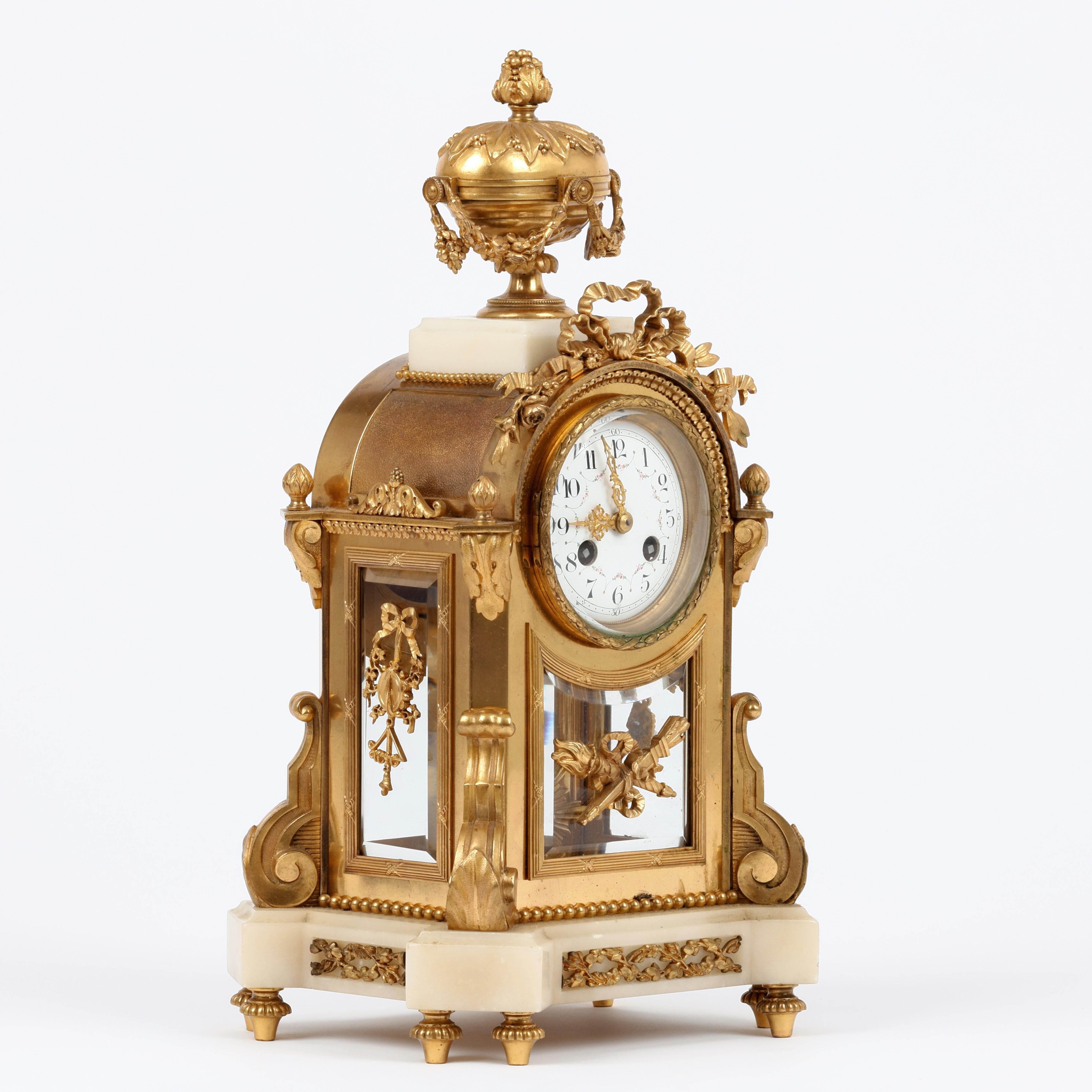 Cast French White Marble and Ormolu Mantel Clock For Sale